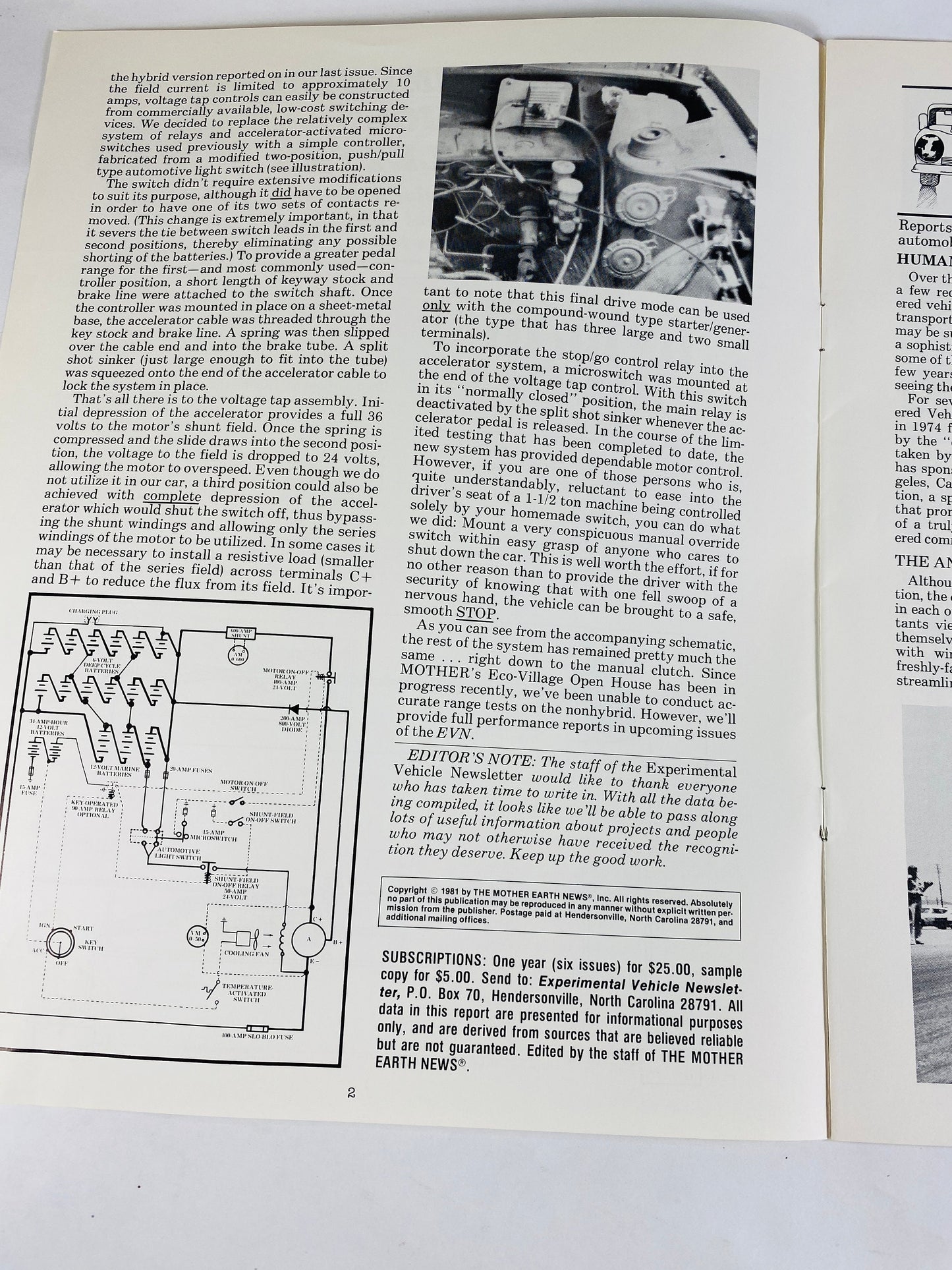 1981 Experimental Vehicle vintage newsletter by Mother Earth News Hyrid Hints, alternative fuels,