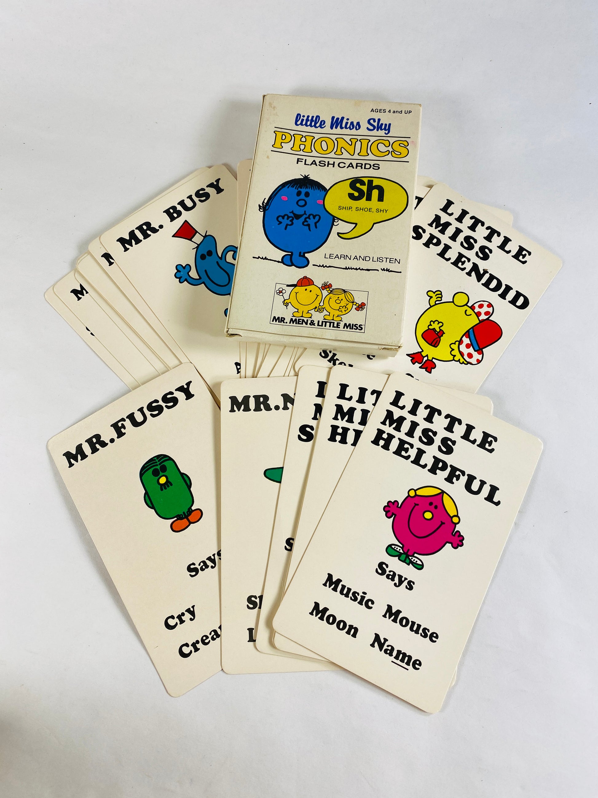 Mr Men vintage phonics Flash cards Miss Sky circa 1984 Little Miss Roger Hargreaves vowels consonants and double consanants