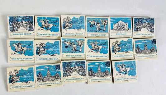 1960 Vintage lot UNUSED Diamond historic America Matches Pony Express, Alamo Independence Hall Cumberland Gap Concord Bridge Gold Rush Texas