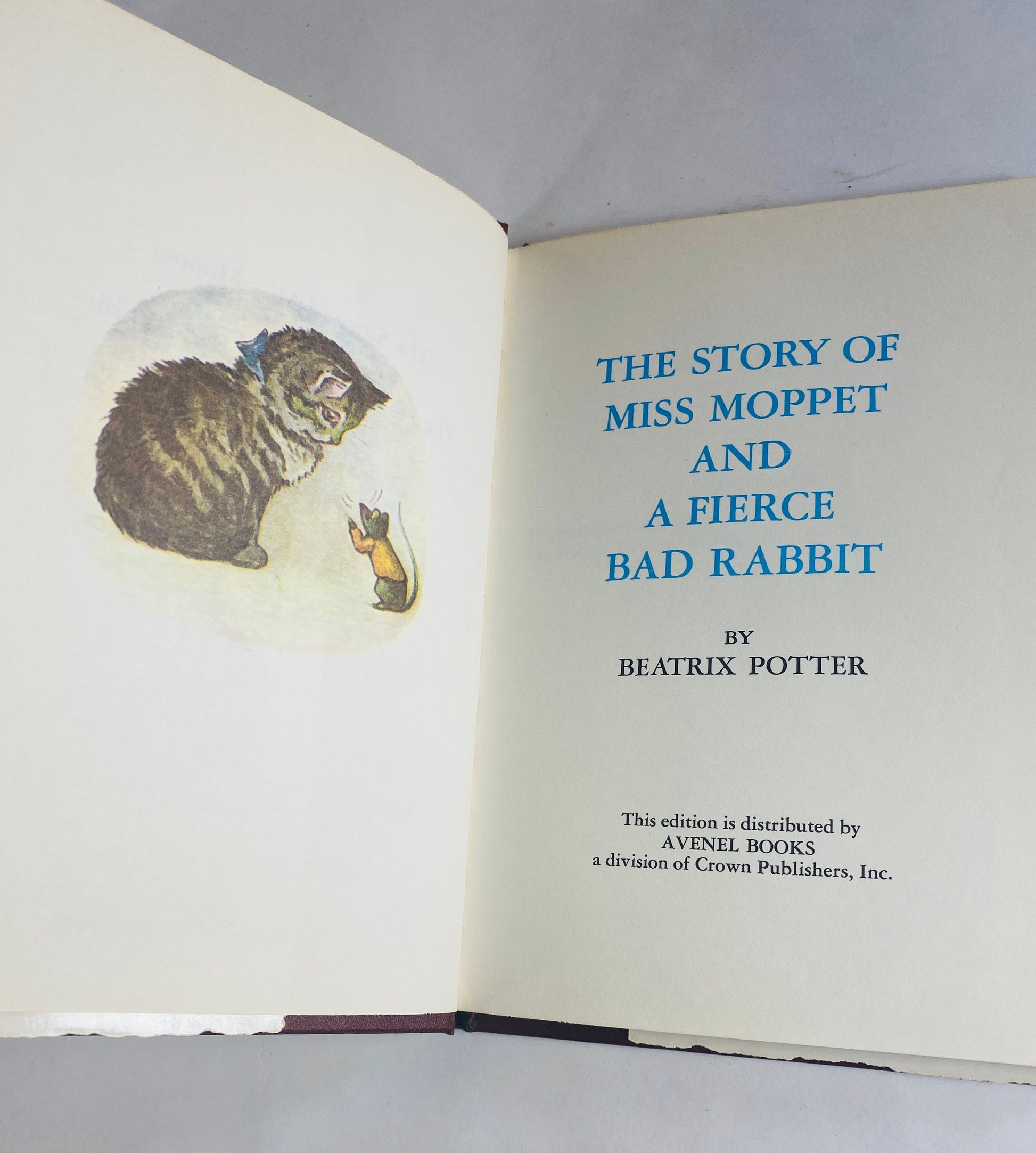 Story of Miss Moppet and a Fierce Bad Rabbit by Beatrix Potter vintage children's book circa 1987. Tale of Peter Rabbit.