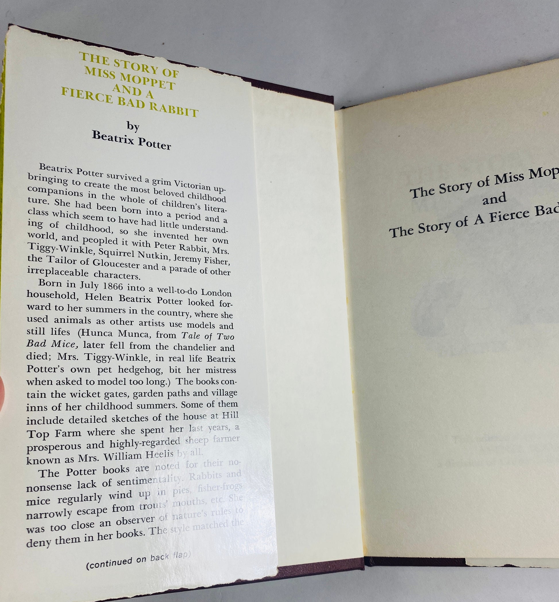 Story of Miss Moppet and a Fierce Bad Rabbit by Beatrix Potter vintage children's book circa 1987. Tale of Peter Rabbit.