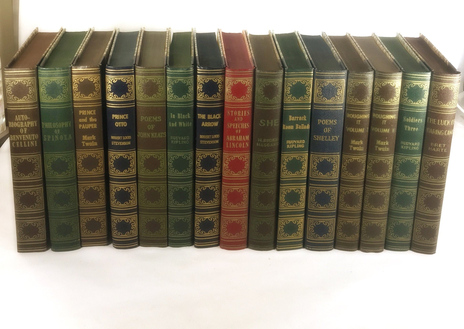 1930 Teen & Tween home reading World&#39;s Popular Classics Vintage blue green brown red gold books Keats Luck of Roaring Camp Black Arrow