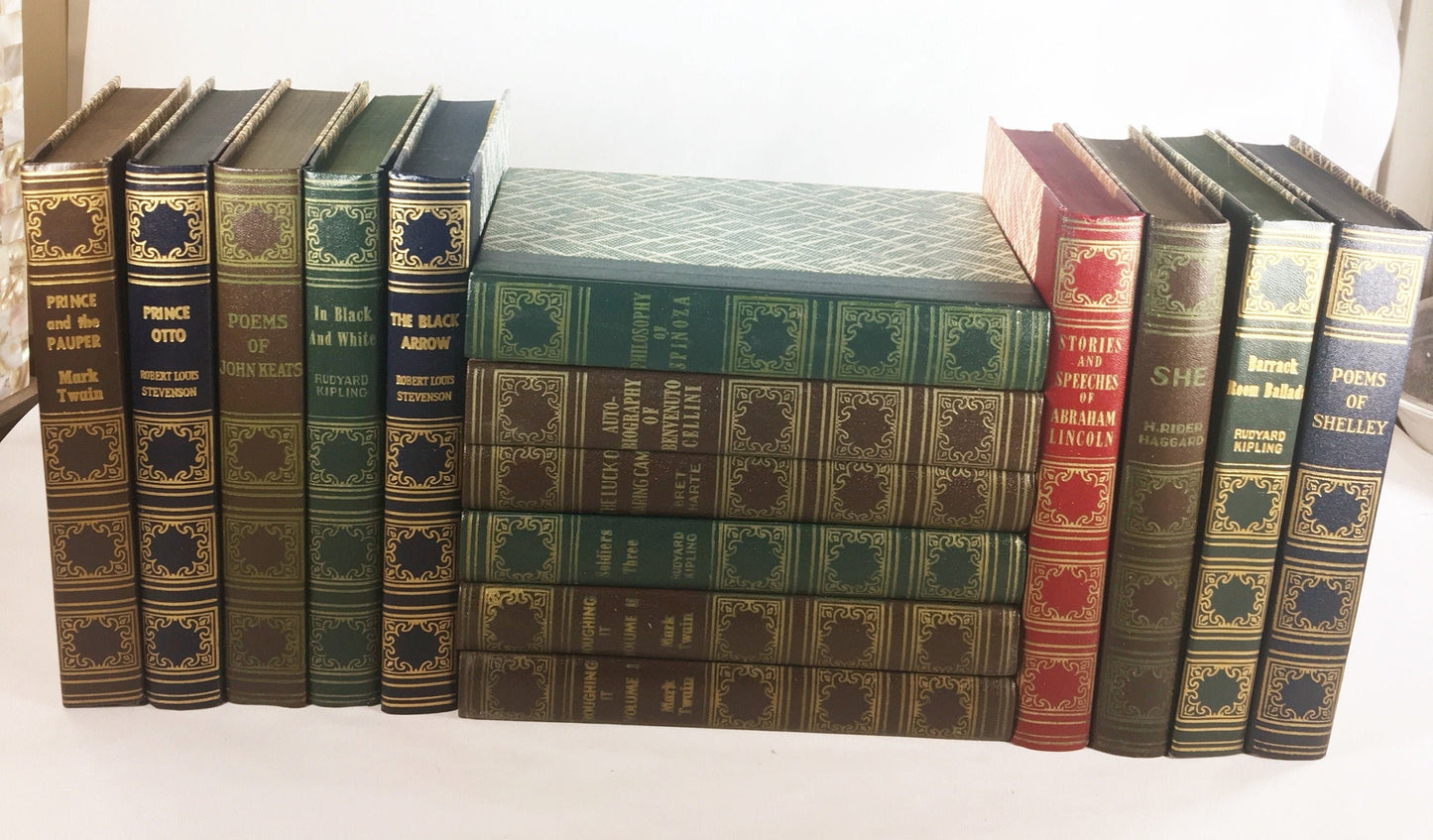 1930 Teen & Tween home reading World&#39;s Popular Classics Vintage blue green brown red gold books Keats Luck of Roaring Camp Black Arrow