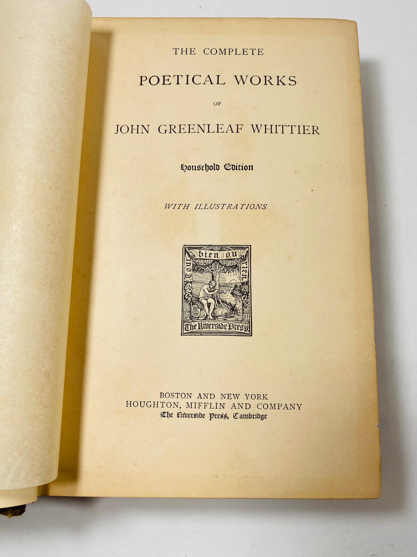 1888 Antique 19th century Whittier poetry book Houghton Mifflin edition with GORGEOUS bindings & gold embellishments. Home decor staging
