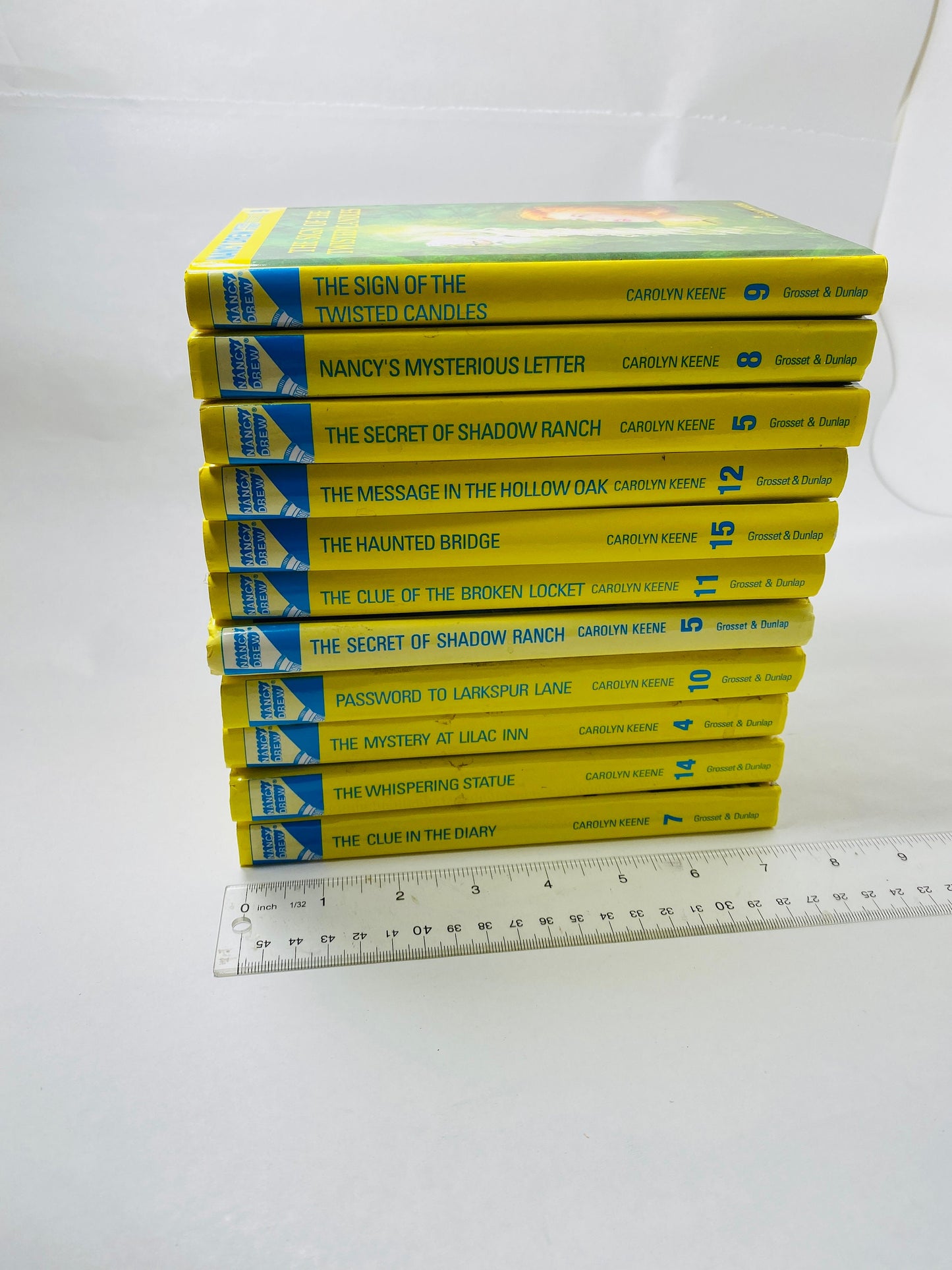 Nancy Drew Mystery Stories vintage books by Carolyn Keene with glossy yellow spine hardcovers circa 1994 Christmas stocking stuffer Decor