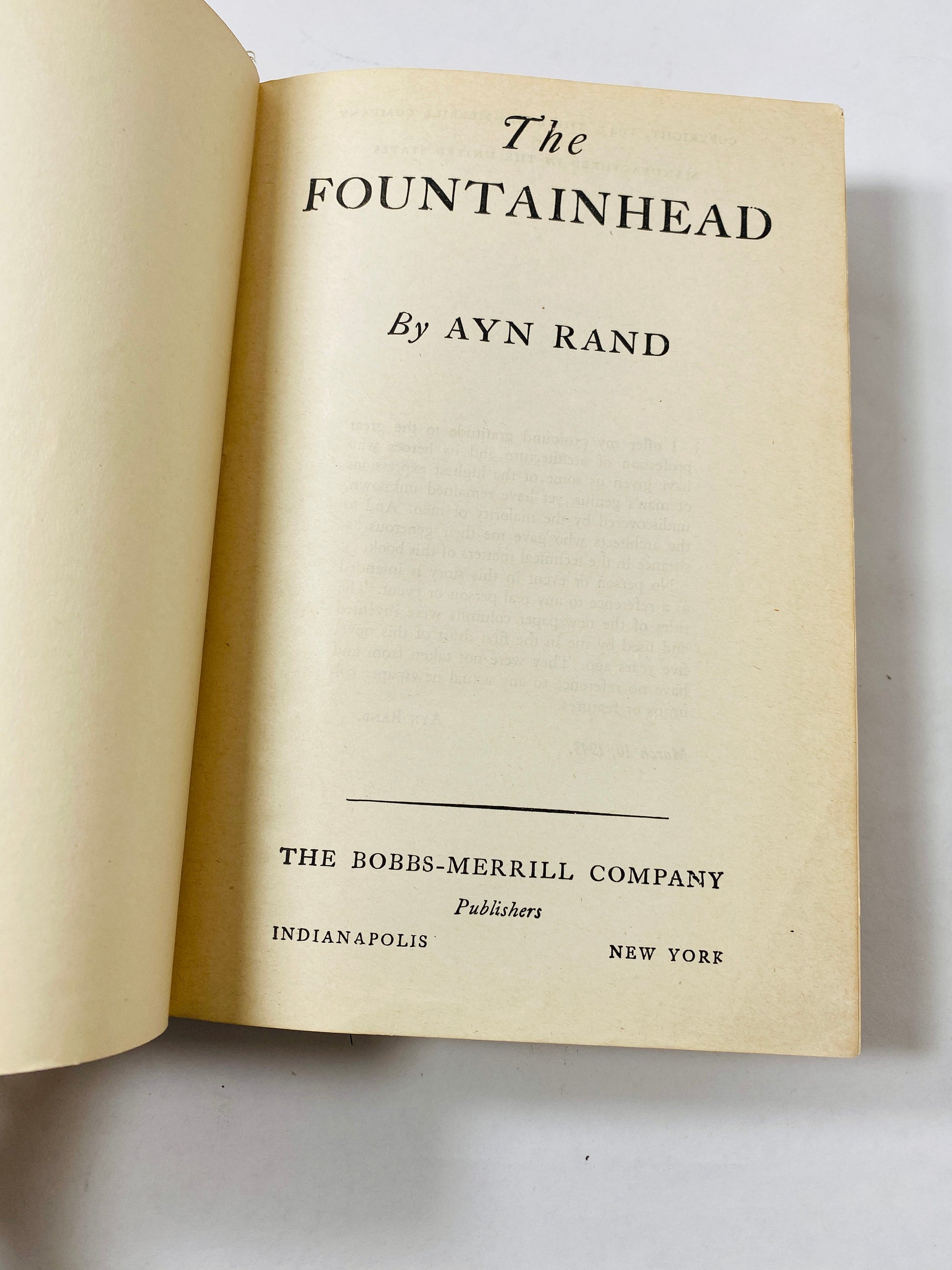 Fountainhead by Ayn Rand FIRST EDITION 12th printing circa 1943 Green cloth boards. Bobbs-Merrill.