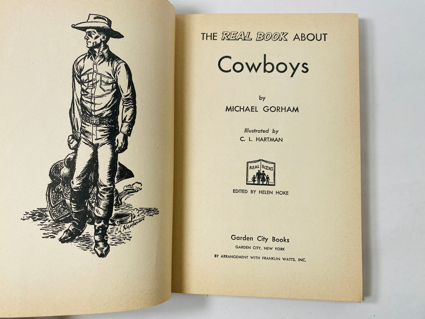 1952 Real Book About Cowboys by Michael Gorsham American Old West vintage book about the frontier. Brown home bookshelf decor