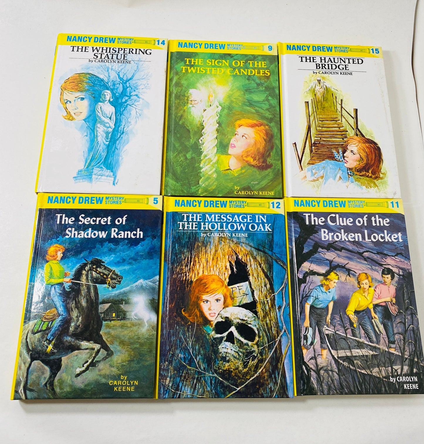 Nancy Drew Mystery Stories vintage books by Carolyn Keene with glossy yellow spine hardcovers circa 1994 Christmas stocking stuffer Decor