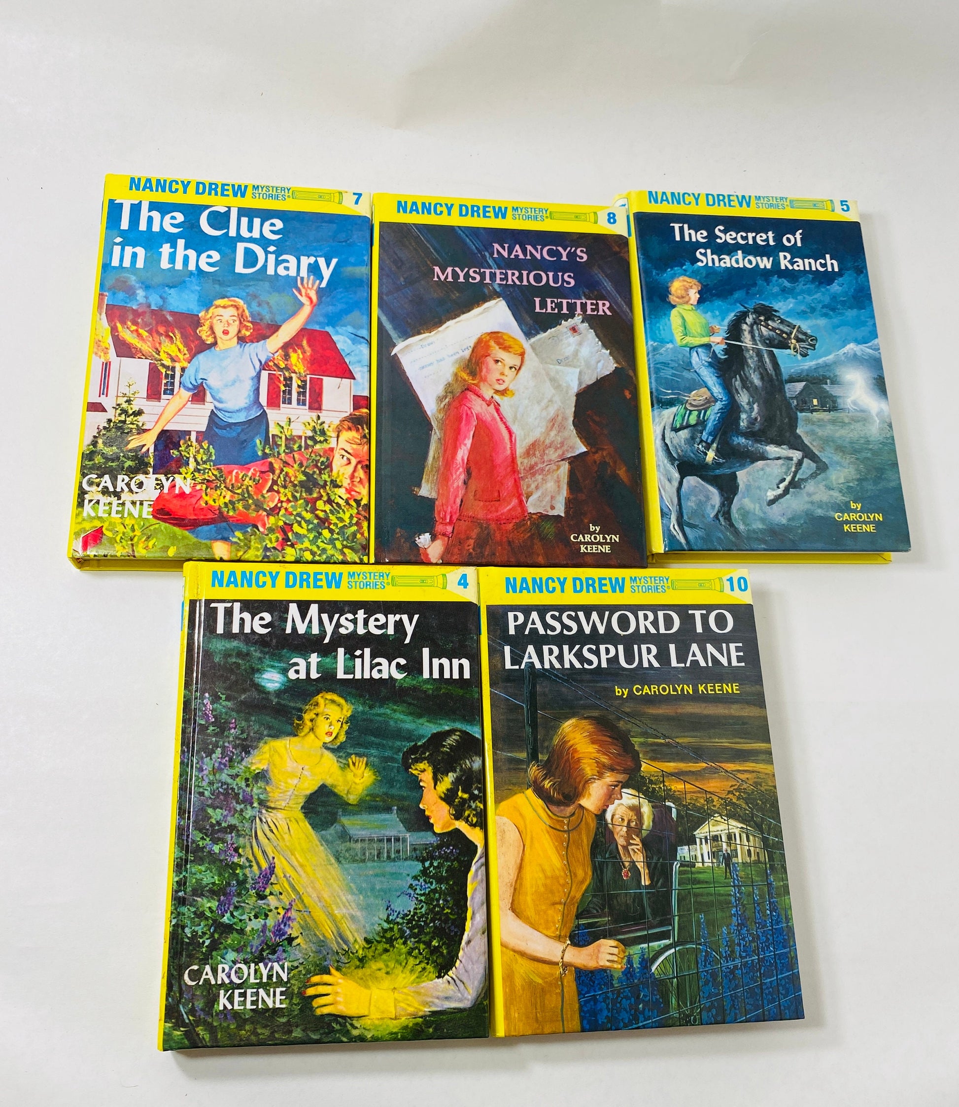 Nancy Drew Mystery Stories vintage books by Carolyn Keene with glossy yellow spine hardcovers circa 1994 Christmas stocking stuffer Decor