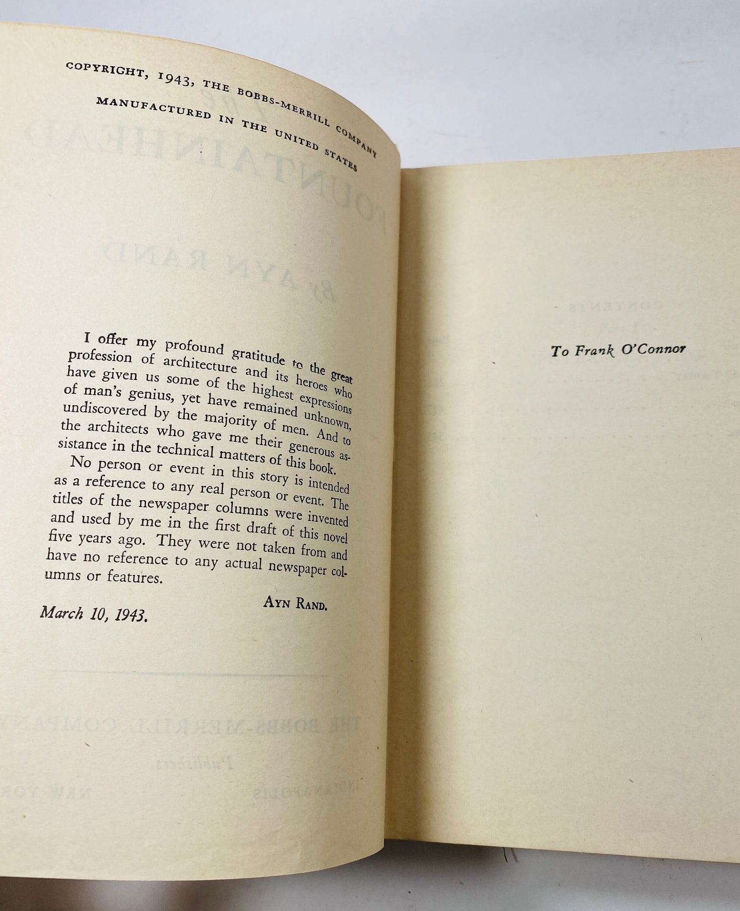 Fountainhead by Ayn Rand FIRST EDITION 12th printing circa 1943 Green cloth boards. Bobbs-Merrill.