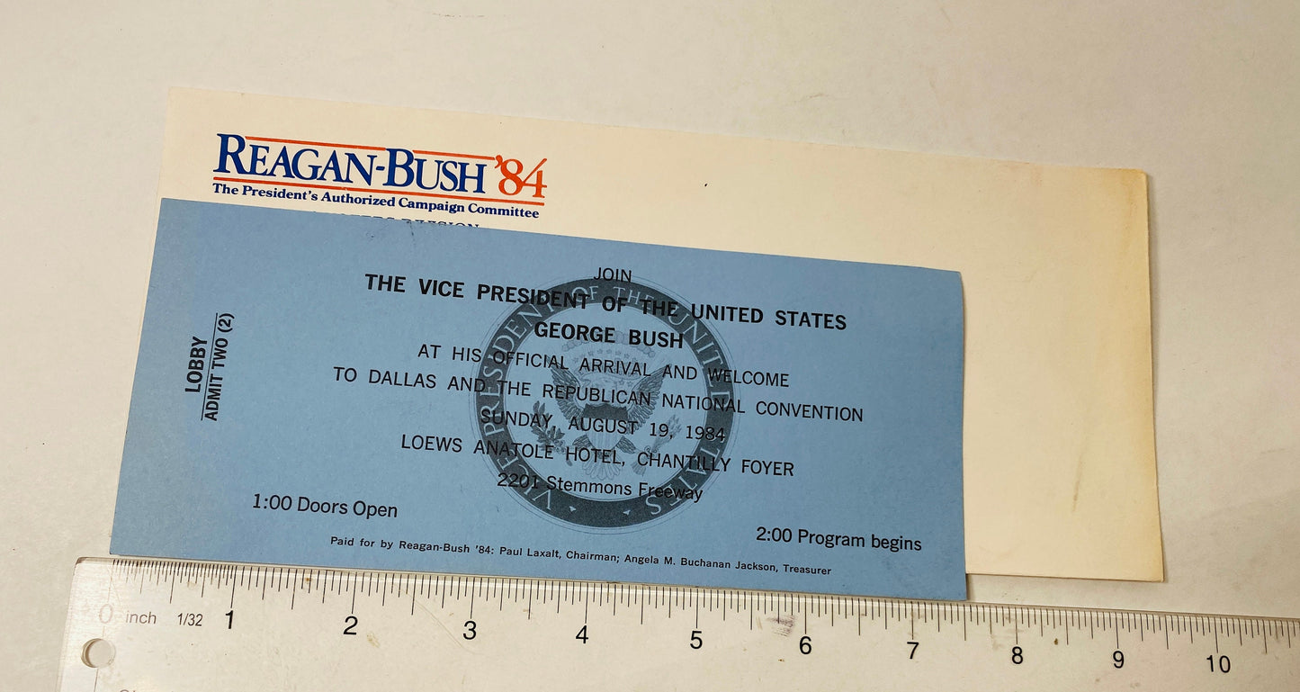 1984 Reagan Bush Presidential Election Vice President George Bush Dallas Texas admission ticket Republican Convention Authentic unused.