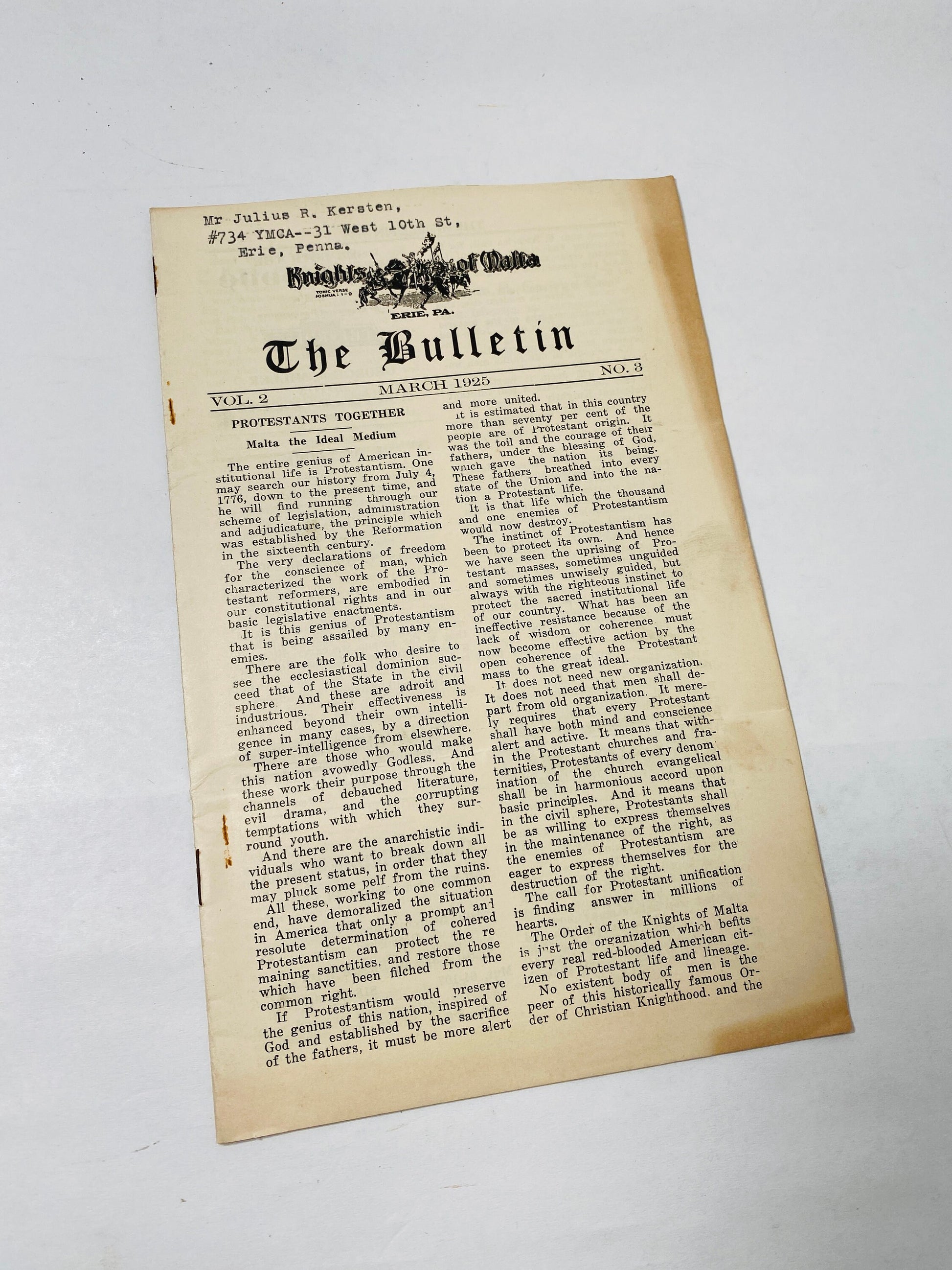 1925 Armistice Military Order of Malta Bulletin vintage collectible Knights booklet hictoical record Erie Pennsylvania ephemera Mortician ad