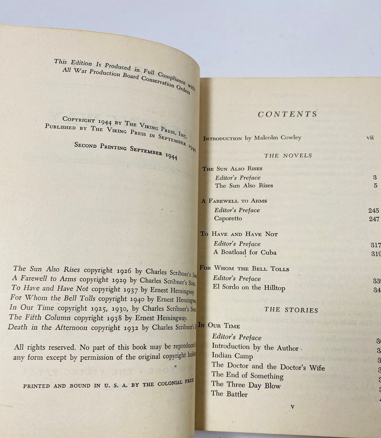 Vintage Ernest Hemingway Viking Portable Library book circa 1944 Pulitzer Prize Presented by New York Freemasons Grand Lodge to Armed Forces