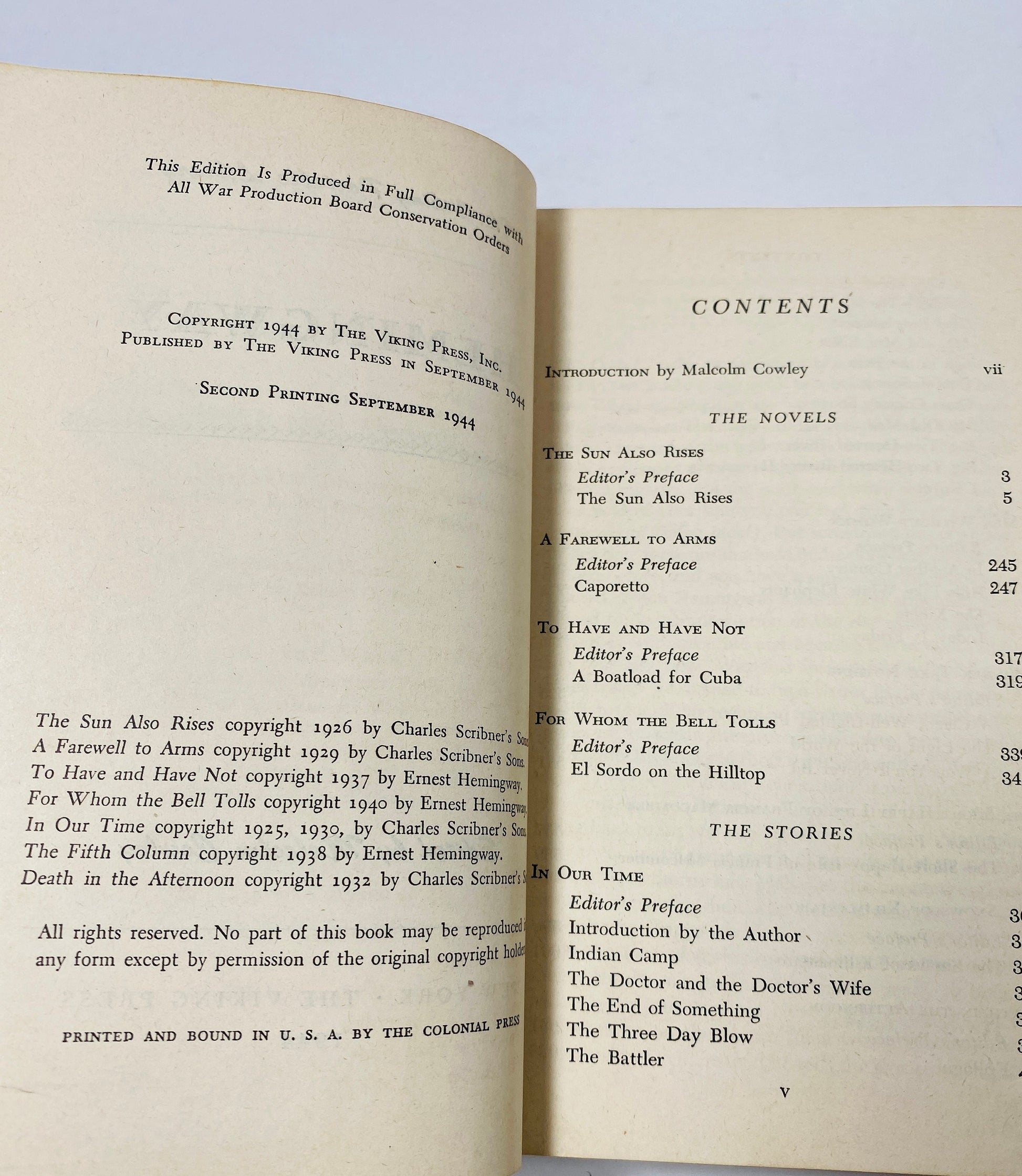 Vintage Ernest Hemingway Viking Portable Library book circa 1944 Pulitzer Prize Presented by New York Freemasons Grand Lodge to Armed Forces