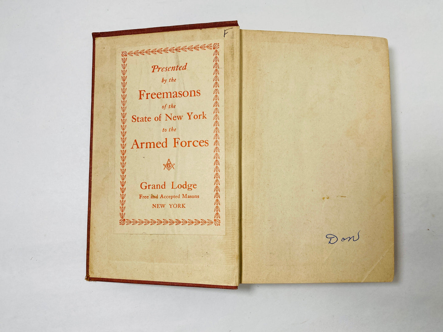 Vintage Ernest Hemingway Viking Portable Library book circa 1944 Pulitzer Prize Presented by New York Freemasons Grand Lodge to Armed Forces