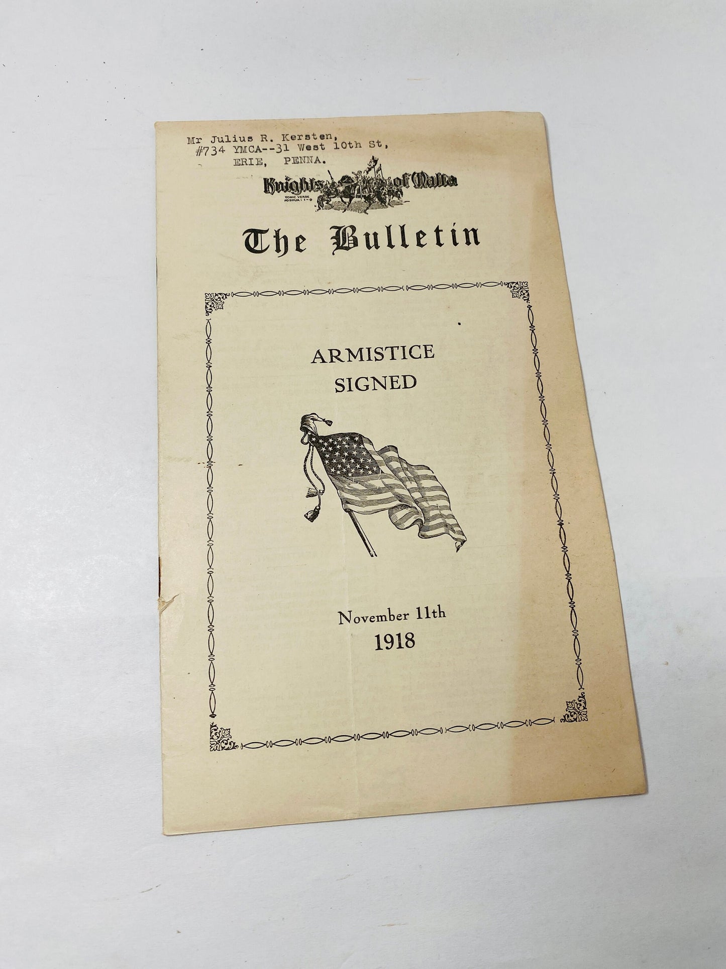 1925 Armistice Military Order of Malta Bulletin vintage collectible Knights booklet hictoical record Erie Pennsylvania ephemera Mortician ad