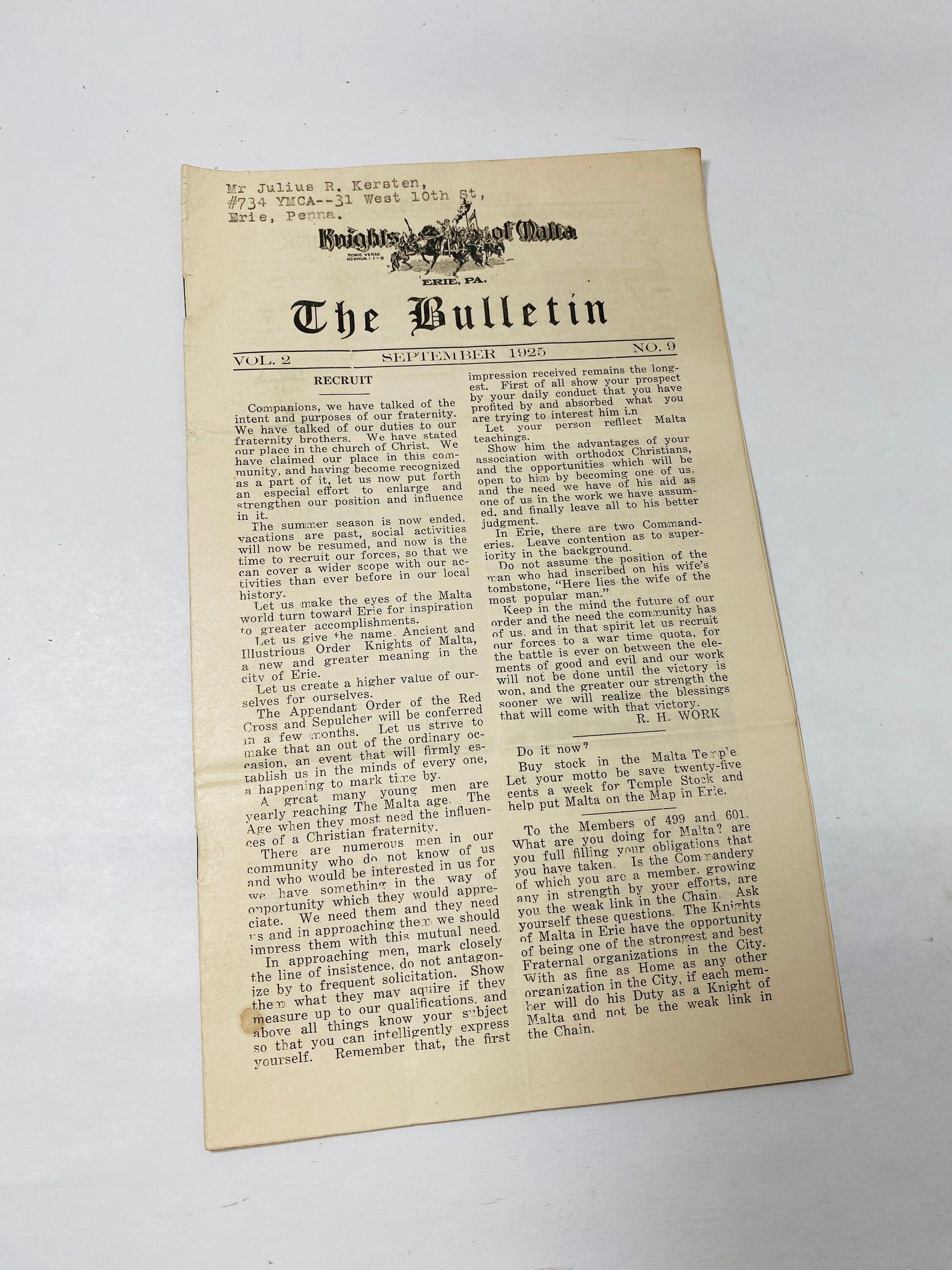 1925 Armistice Military Order of Malta Bulletin vintage collectible Knights booklet hictoical record Erie Pennsylvania ephemera Mortician ad