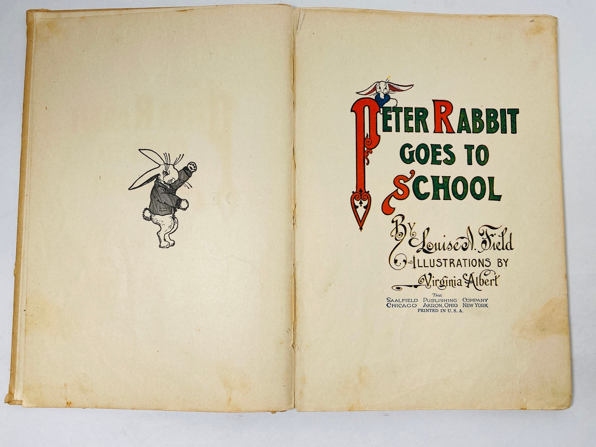 Peter Rabbit Goes to School vintage Saalfield book circa 1917 Children's Easter gift collectible Poor Condition with children's coloring