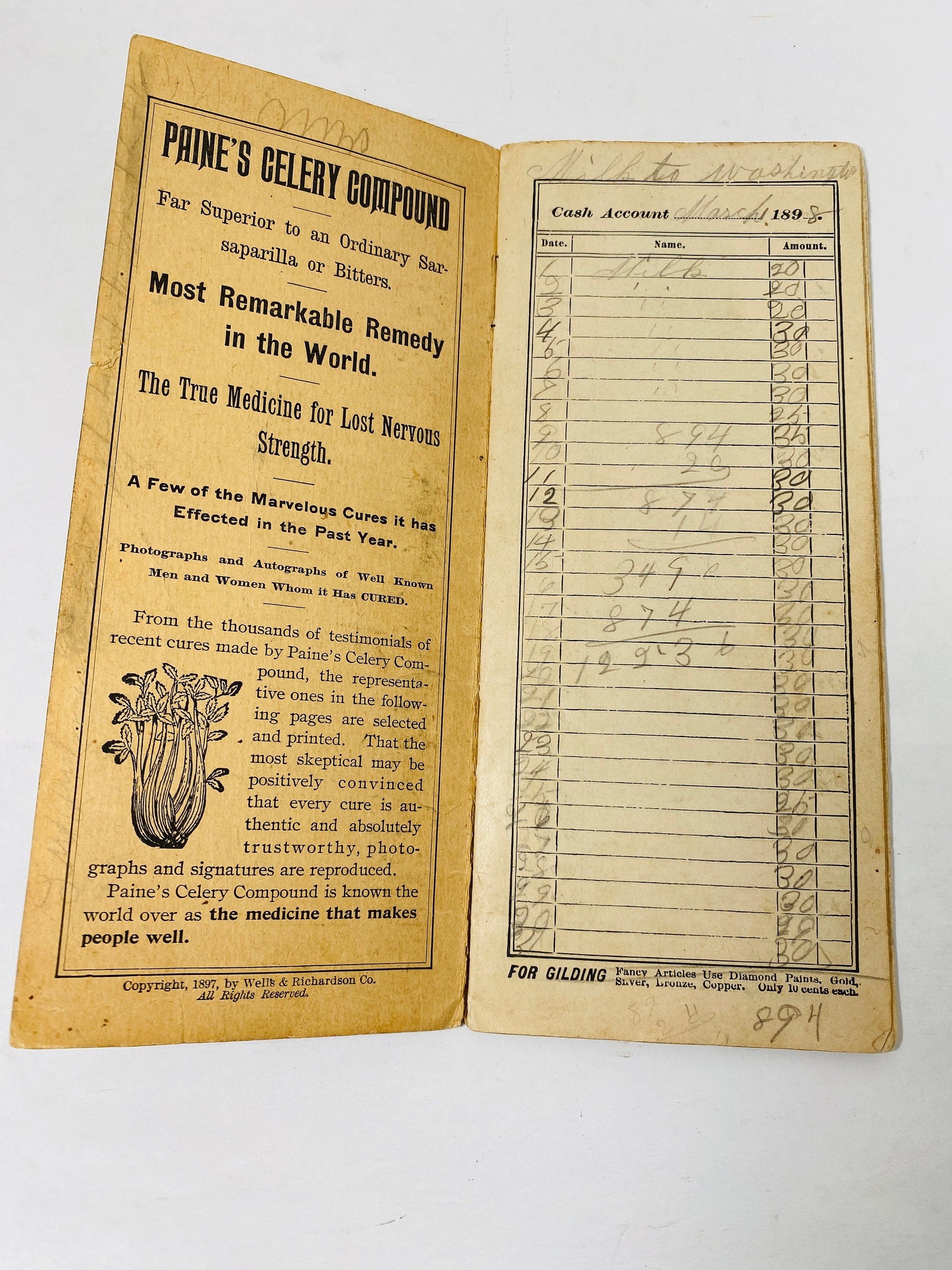 1896 Antique handwritten druggist Clinton E Main of Frederick Maryland cash book published by Wells, Richardson & Co, Burlington