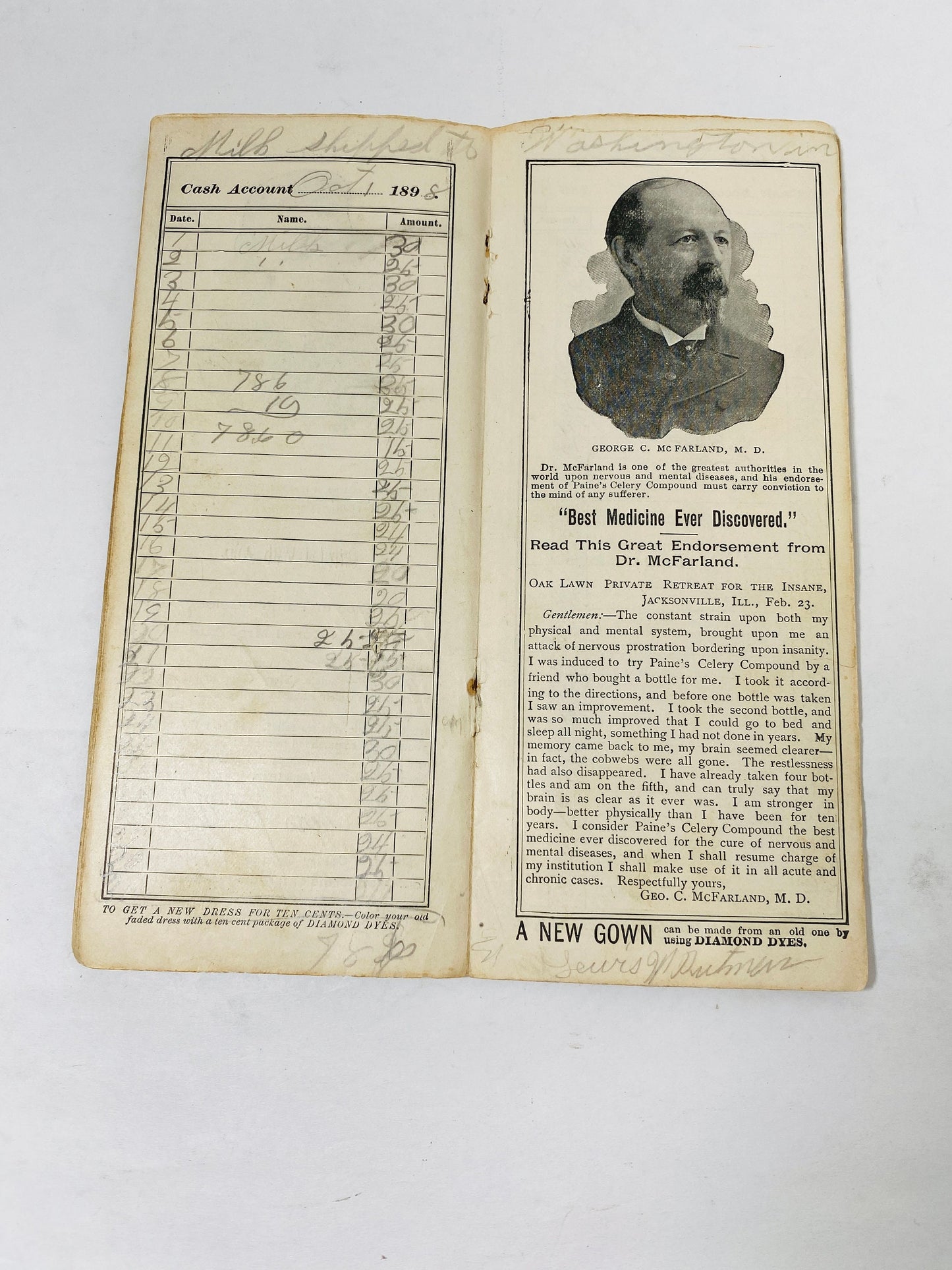 1896 Antique handwritten druggist Clinton E Main of Frederick Maryland cash book published by Wells, Richardson & Co, Burlington