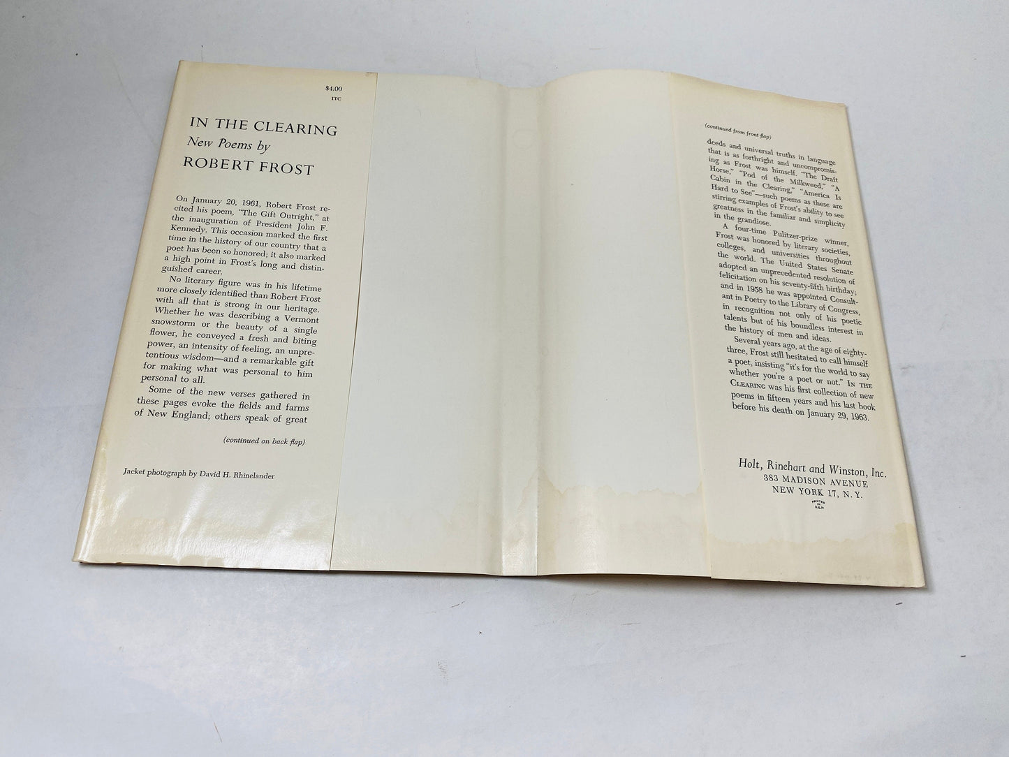 In the Clearing Poetry of Robert Frost vintage book circa 1963 Pulitzer Prize contains the poem For John F Kennedy His Inauguration