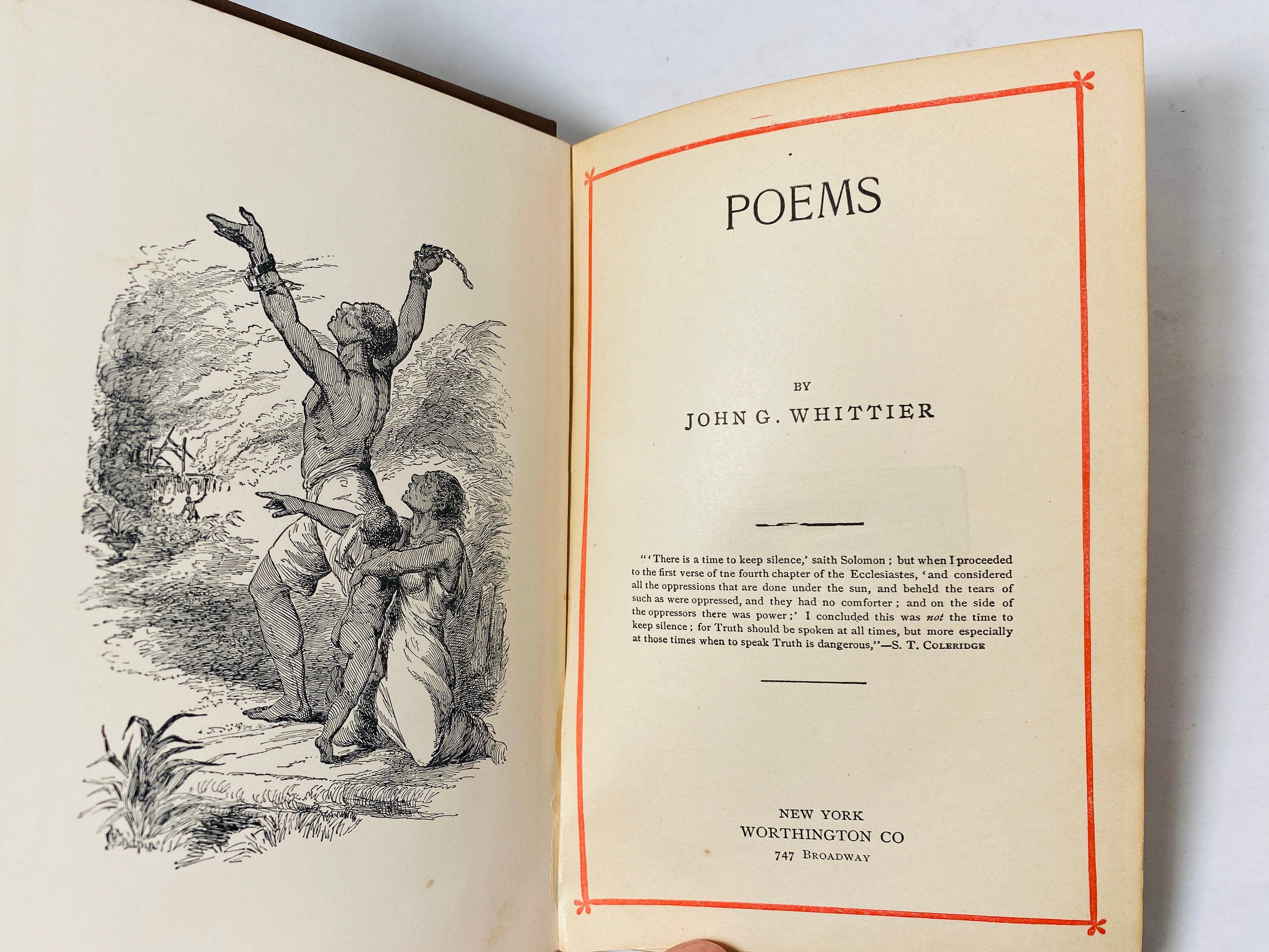 RARE 1850s Antique book of poetry by John Whittier GORGEOUS cover with embossing! Fireside poet, advocate for abolition of slavery top