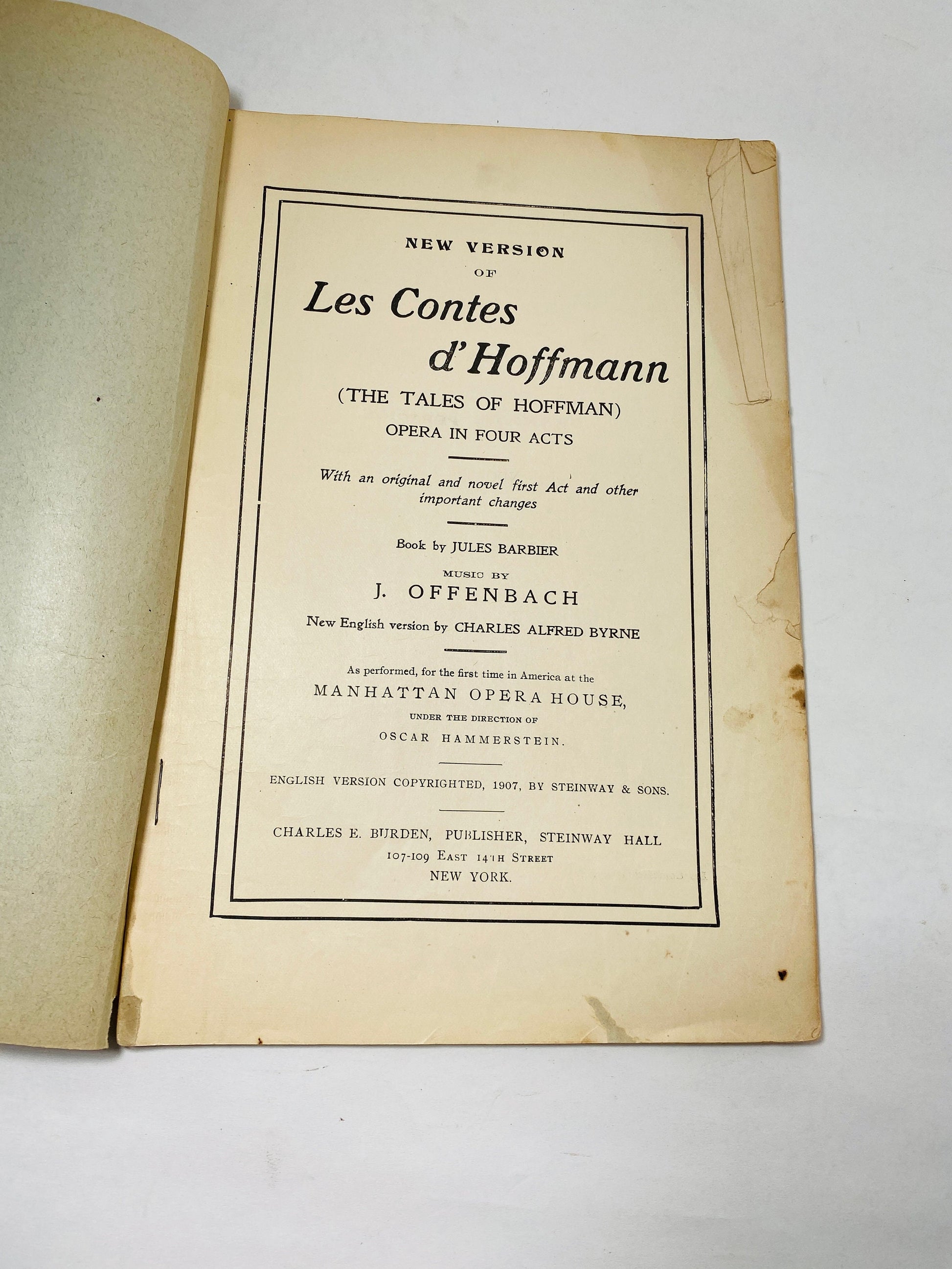 1910 Oscar Hammerstein Metropolitan Grand Opera House New York City, NY OFFICIAL Contes d'Hoffman Steinway Hall libretto program booklet