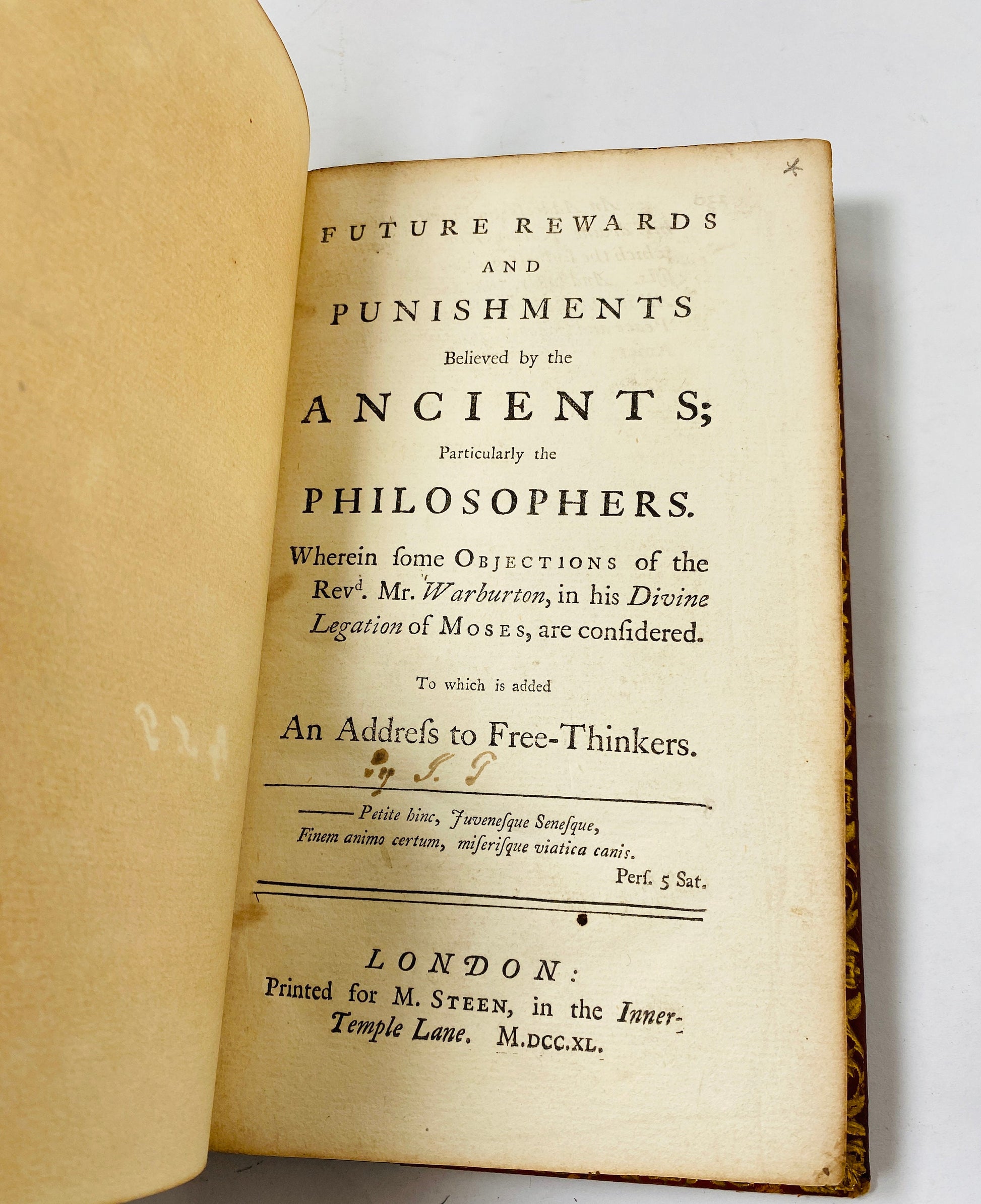 Future rewards and punishments believed by the ancients; particularly the philosophers vintage book circa 1740 by John Tillard in London