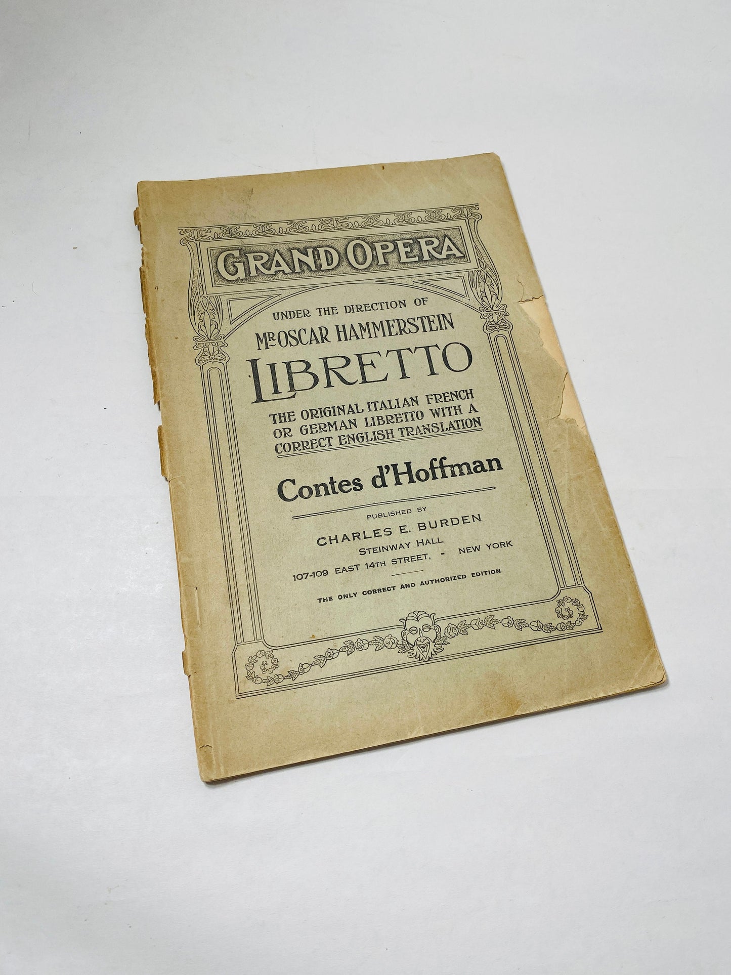 1910 Oscar Hammerstein Metropolitan Grand Opera House New York City, NY OFFICIAL Contes d'Hoffman Steinway Hall libretto program booklet