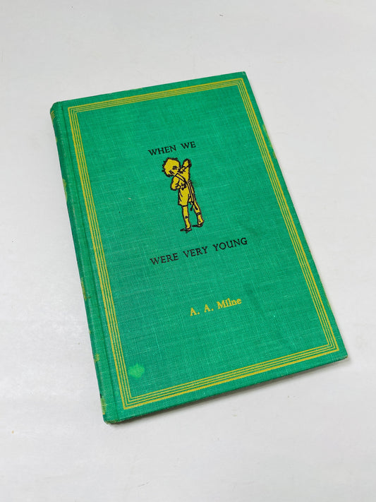 1961 Winnie the Pooh When We Were Very Young. House at Pooh Corner vintage book by AA Milne. Christopher Robin. Green cloth cover