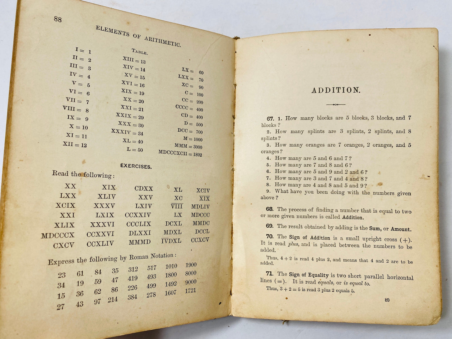 1893 William Milne antique Mathematics juvenile Arithmetic Textbook. United States vintage school book. Gold embossed Brown POOR Condition