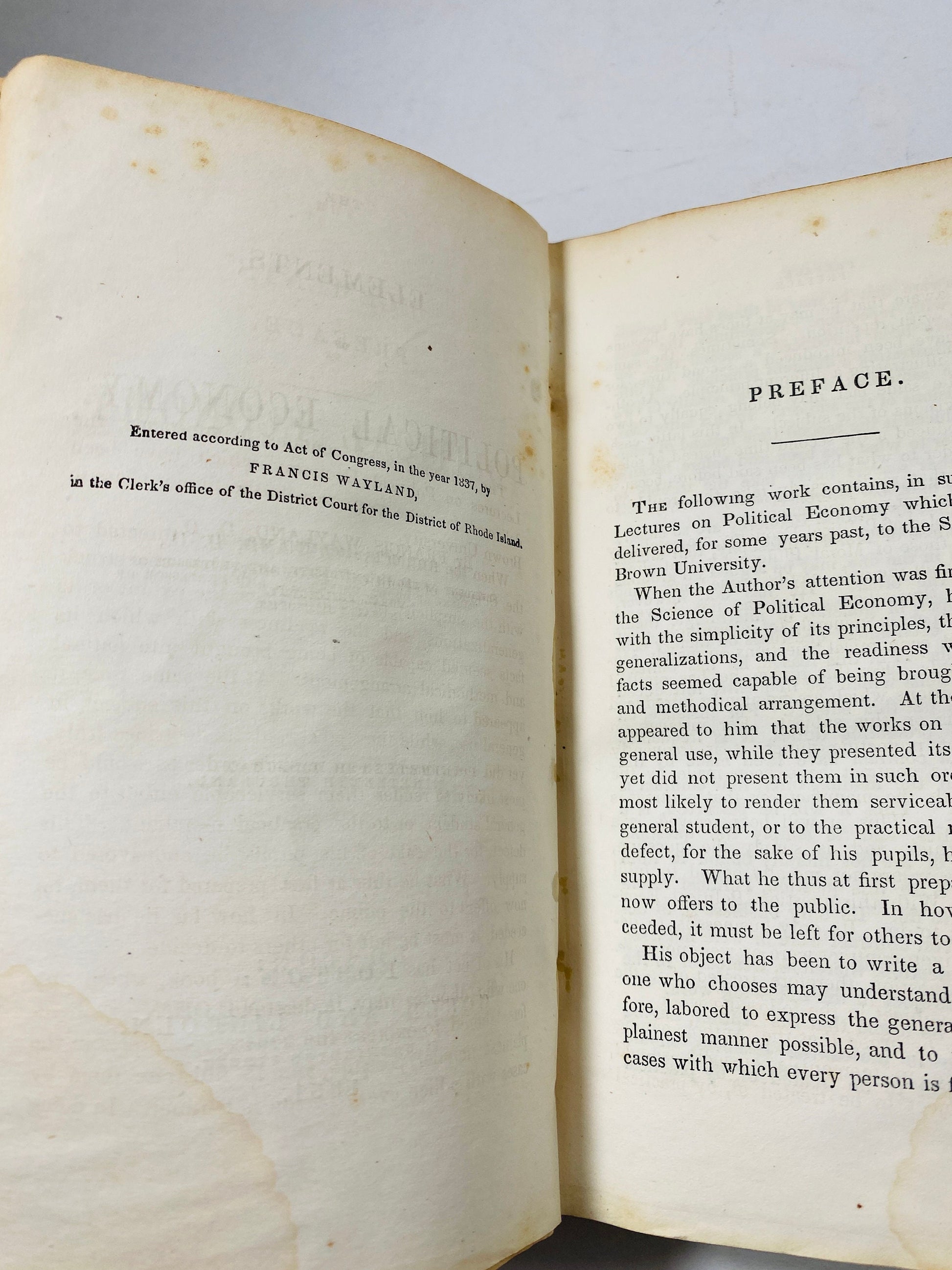 Elements of political economy vintage book by Francis Wayland circa 1851 advocate of free markets antique libertarian Republican captialism