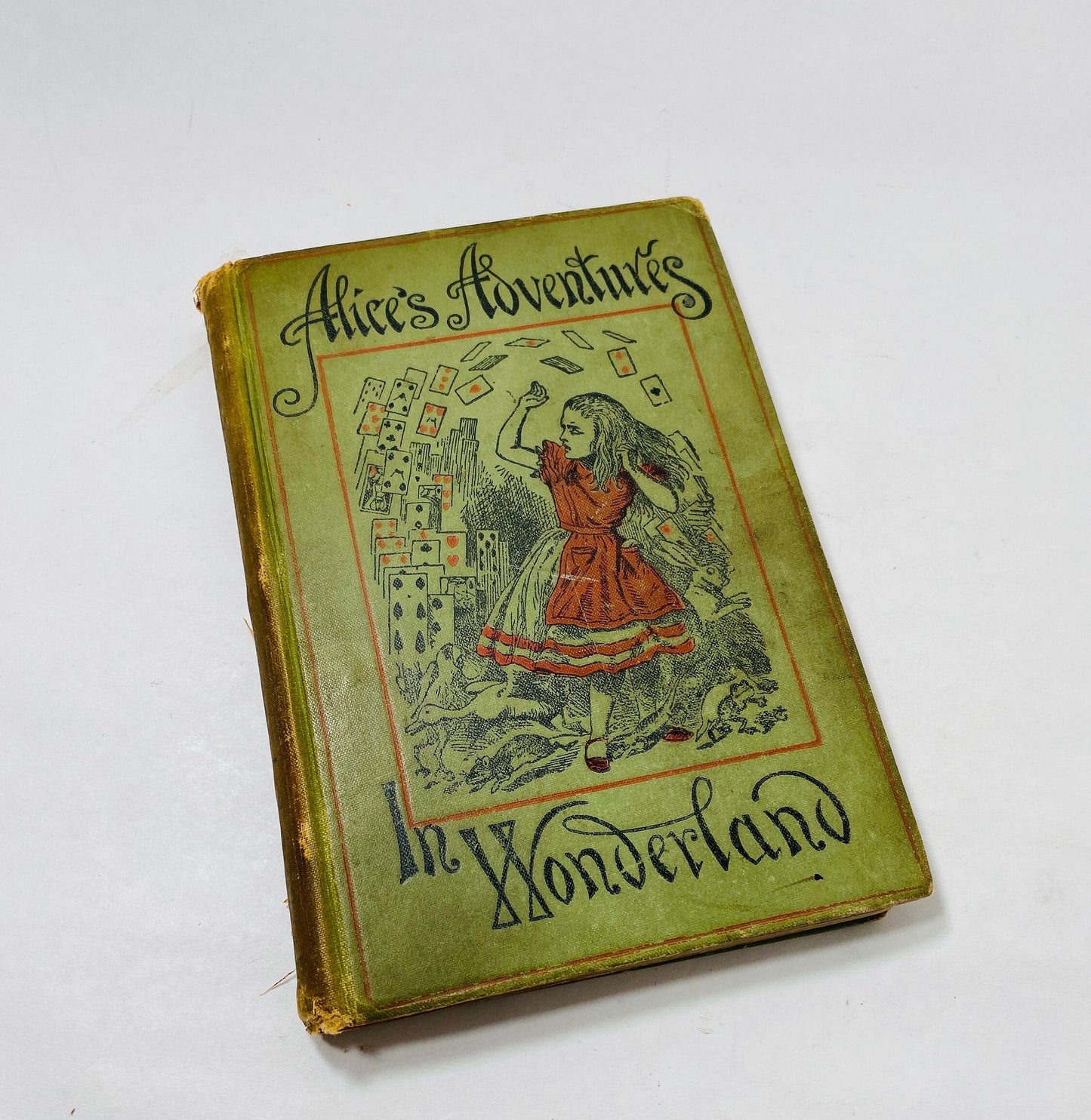 Alice in wonderland vintage book, green,printed in 1898