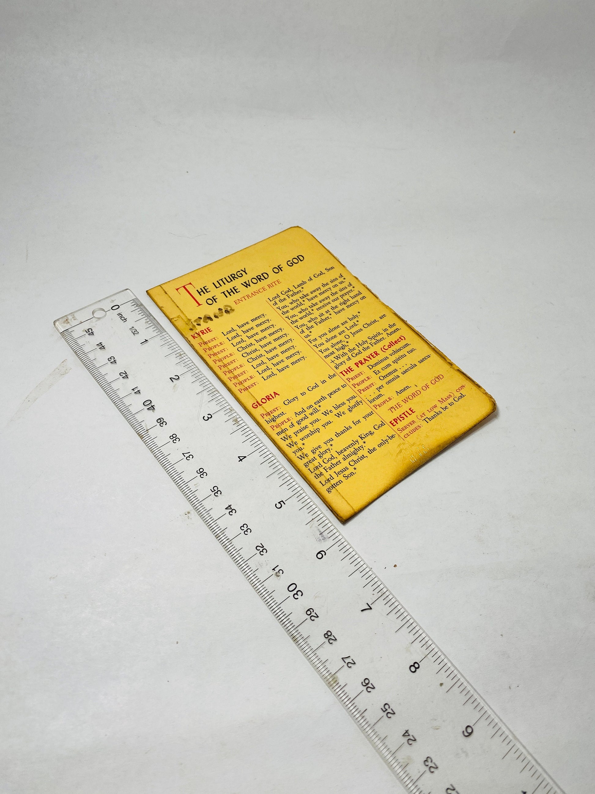 Liturgy Word of God Catholic liturgical Prayer card & Instructions circa 1964 Pocket size Entrance Rite priest vintage