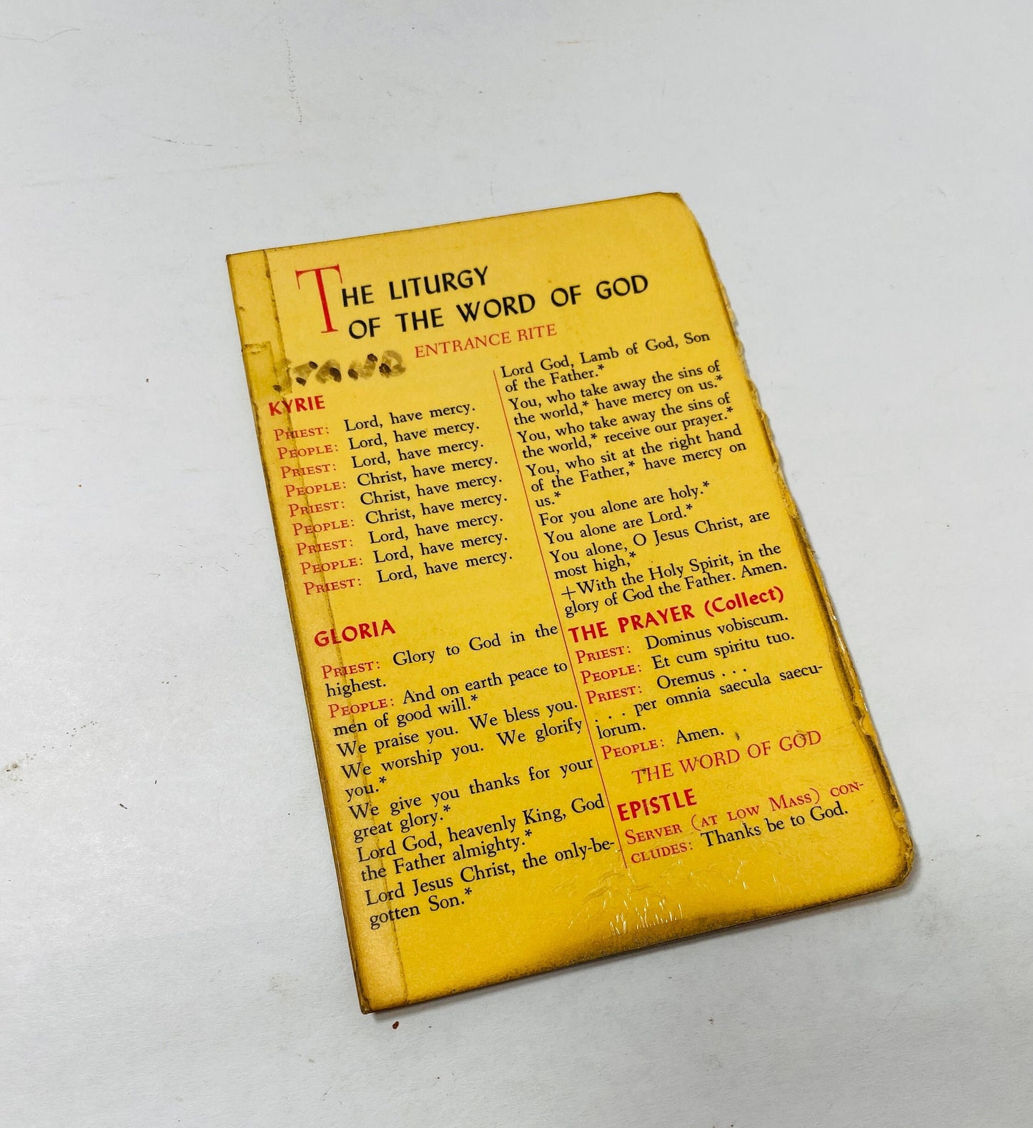 Liturgy Word of God Catholic liturgical Prayer card & Instructions circa 1964 Pocket size Entrance Rite priest vintage