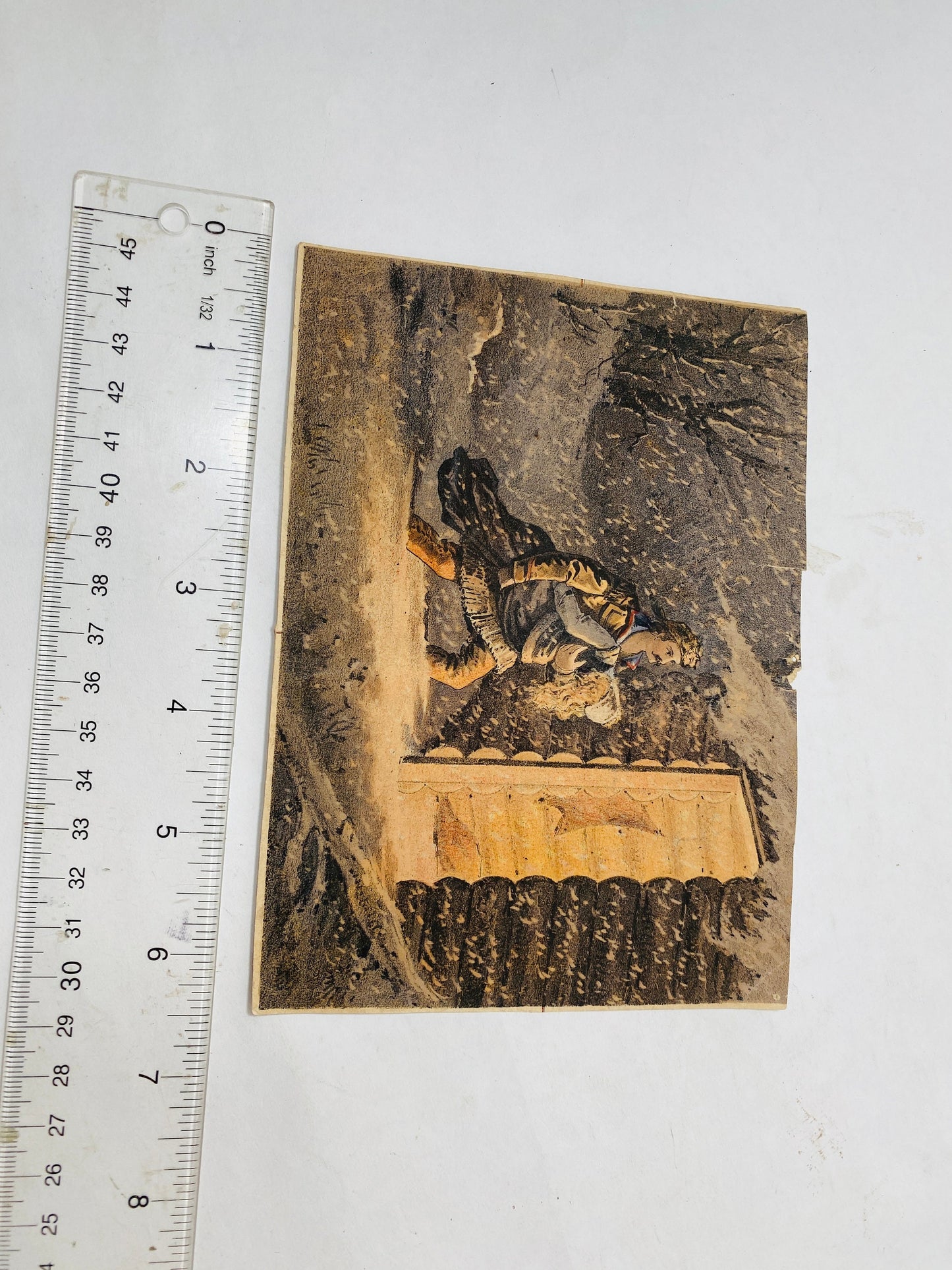 Louis Bombled Antique Victorian man rescuing carrying in blonde woman in blizzard cabin art winter decor