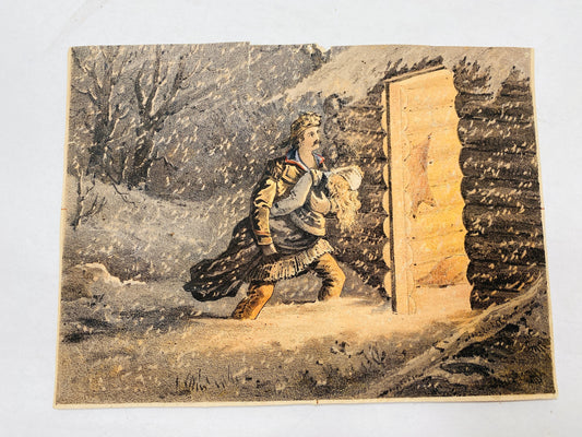 Louis Bombled Antique Victorian man rescuing carrying in blonde woman in blizzard cabin art winter decor