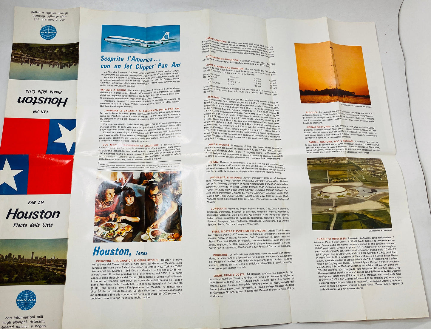 Vintage Pan Am Airways Houston Texas Pianta della città Airliner pamphlet circa 1952 written in Italian