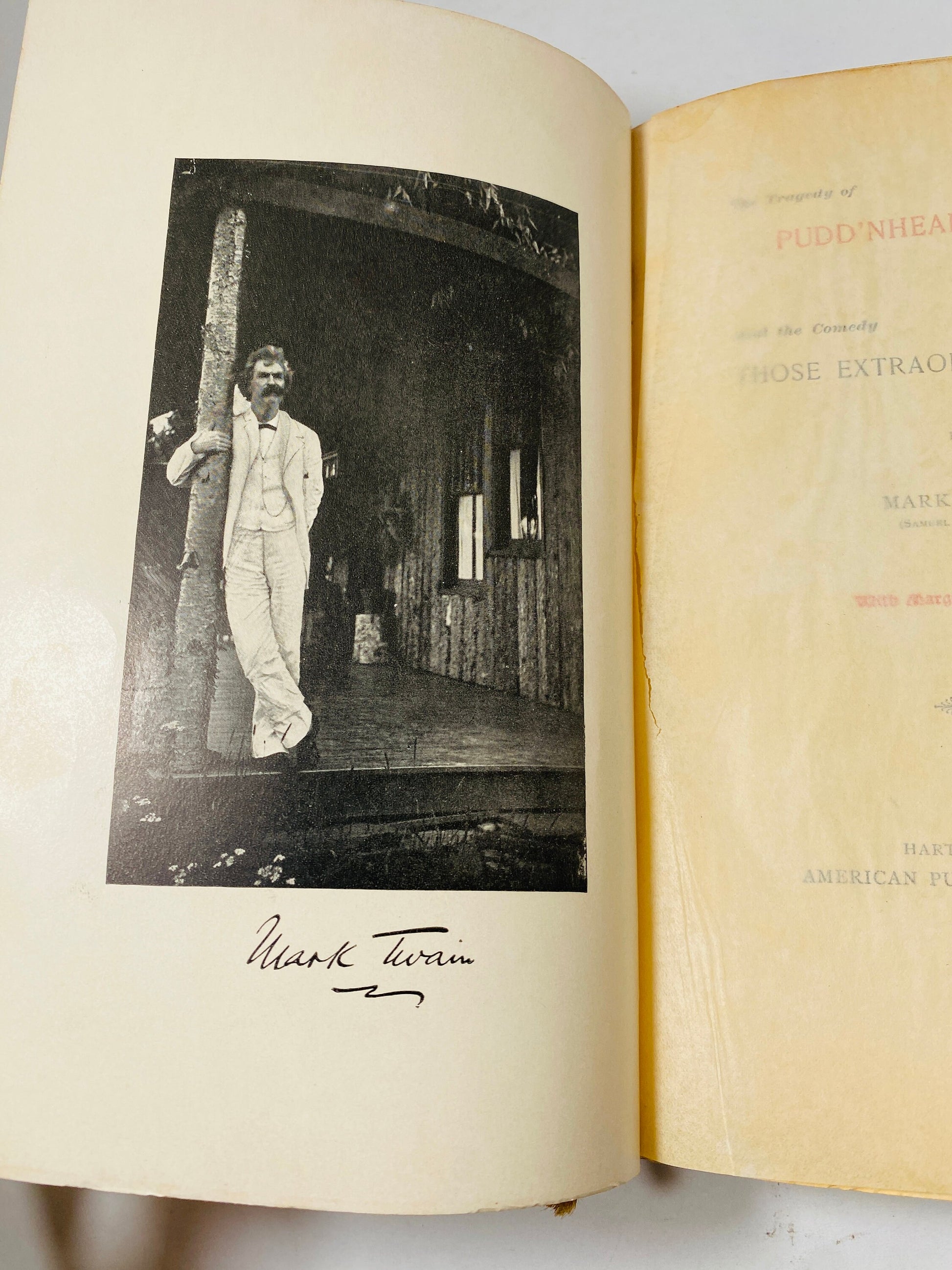 Tragedy of Pudd'nhead FIRST EDITION book by Mark Twain circa 1894 Extraordinary Twins brown embossed gold cover Former Library Book