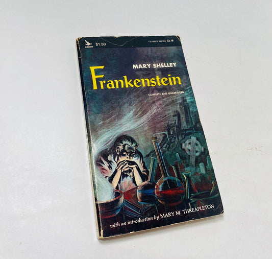 Mary Shelley Frankenstein Vintage Airmont paperback book circa 1963 collector gift Gothic gift emo goth. Black blue home decor