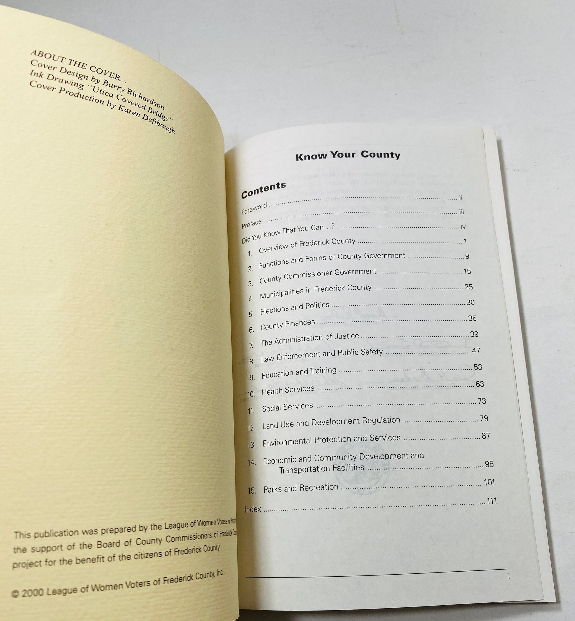 2000 Frederick Maryland county administration and services handbook by the League of Women Voters with covered bridge illustration on cover