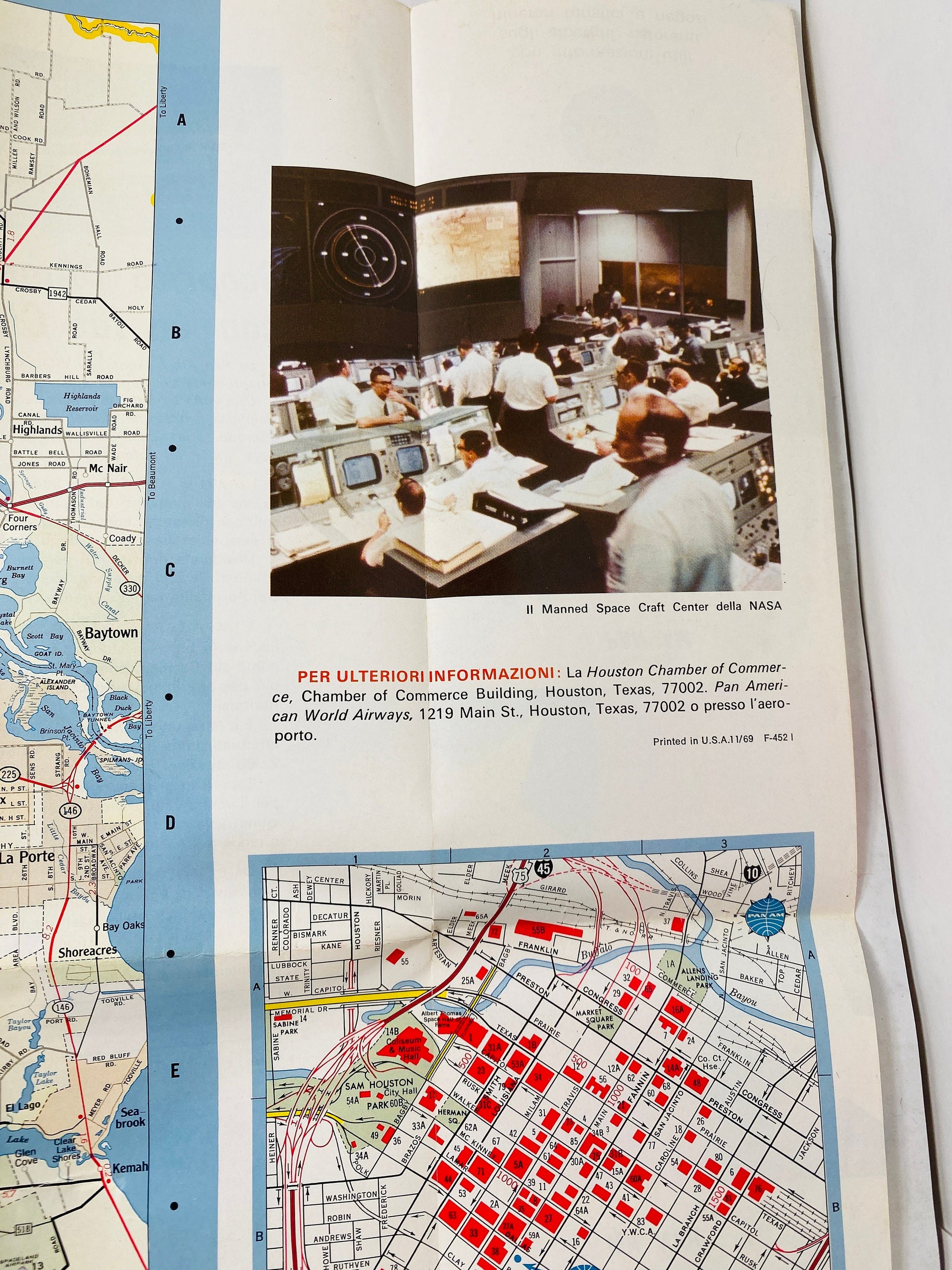 Vintage Pan Am Airways Houston Texas Pianta della città Airliner pamphlet circa 1952 written in Italian