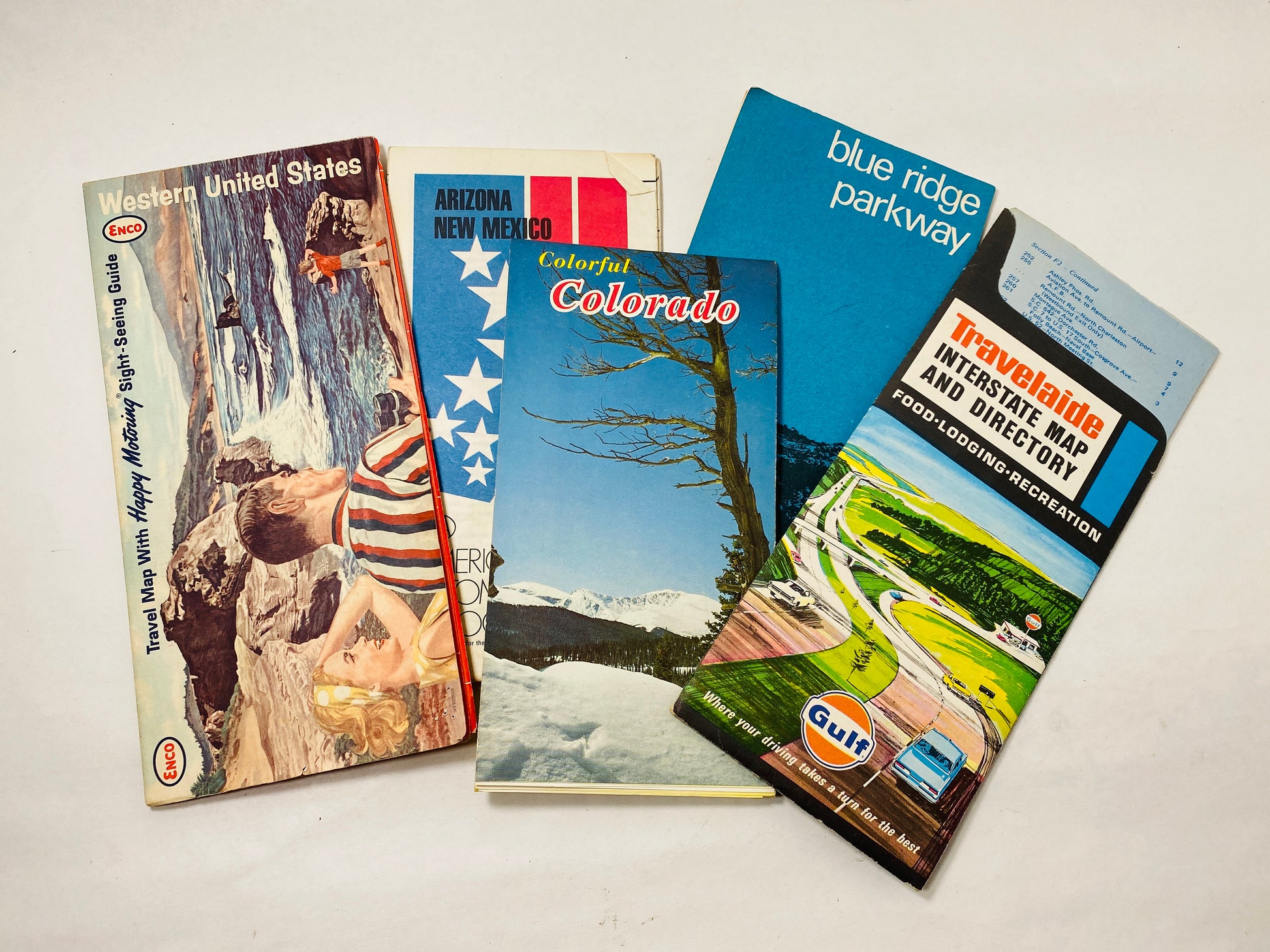 Vintage United States travel brochures and maps circa 1970s Blue Ridge Parkway Gulf Travelaide Arizona New Mexico Colorado Enco Western