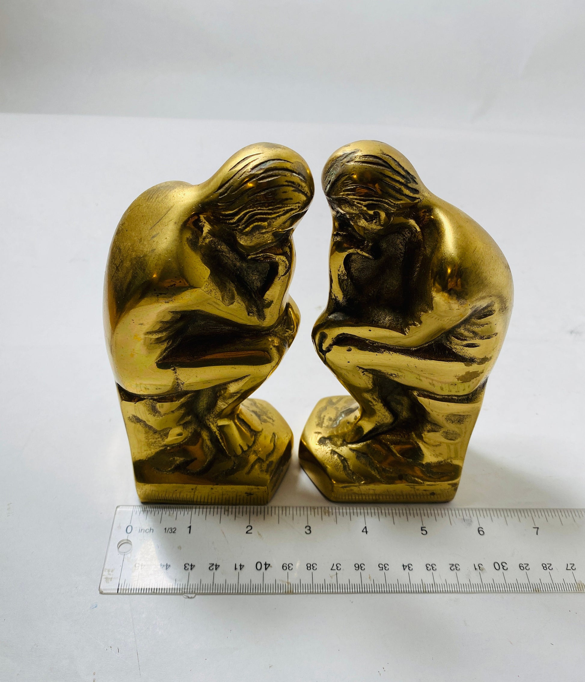 Stunning Rodin's Thinker vintage bookends made of heavy brass. Bronzetone Gold metal Art Deco. Library Office decor