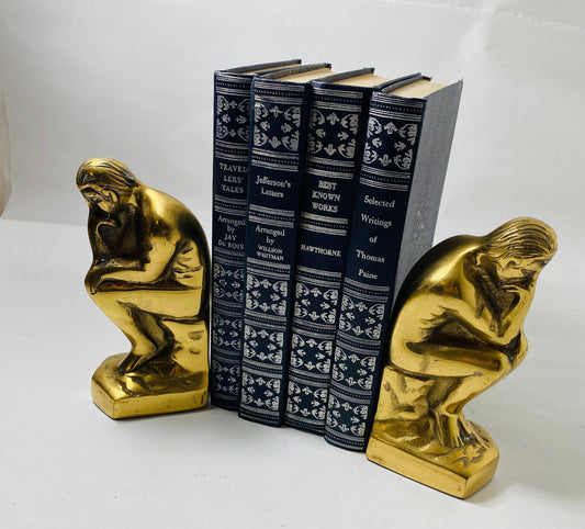 Stunning Rodin's Thinker vintage bookends made of heavy brass. Bronzetone Gold metal Art Deco. Library Office decor