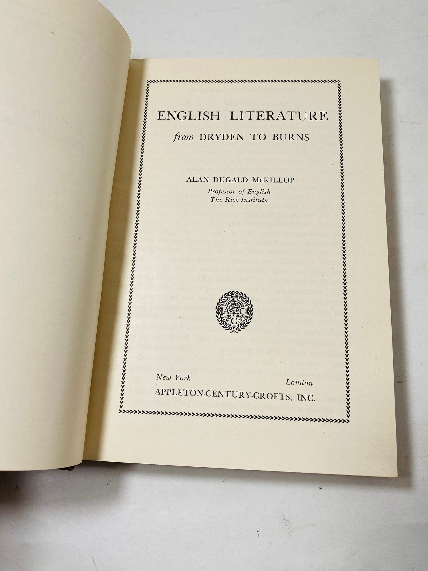 English Literature from Dryden to Burns Vintage book by Alan Dugald Mckillop circa 1948 Rice Institute guide to America's literary culture