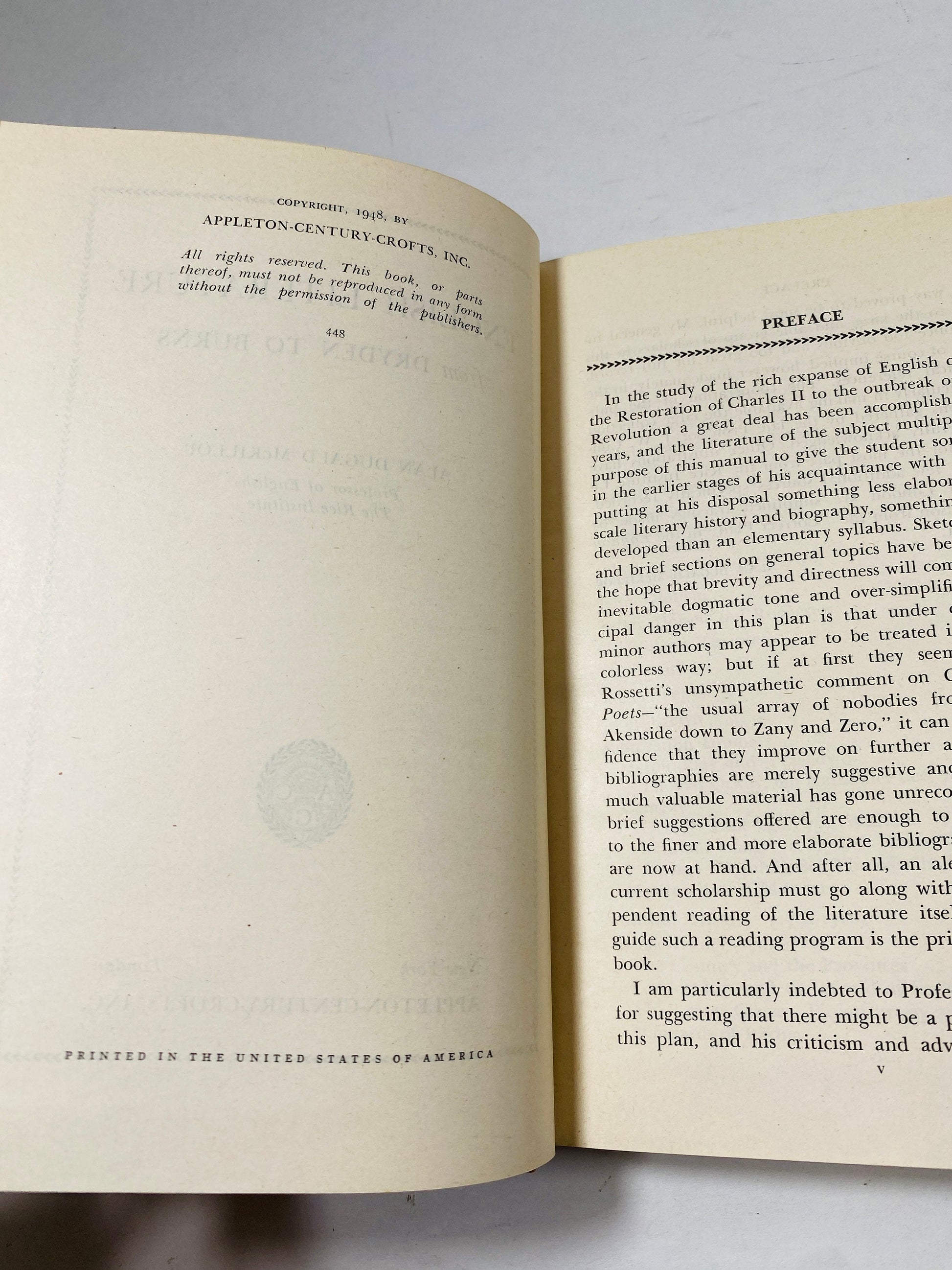 English Literature from Dryden to Burns Vintage book by Alan Dugald Mckillop circa 1948 Rice Institute guide to America's literary culture