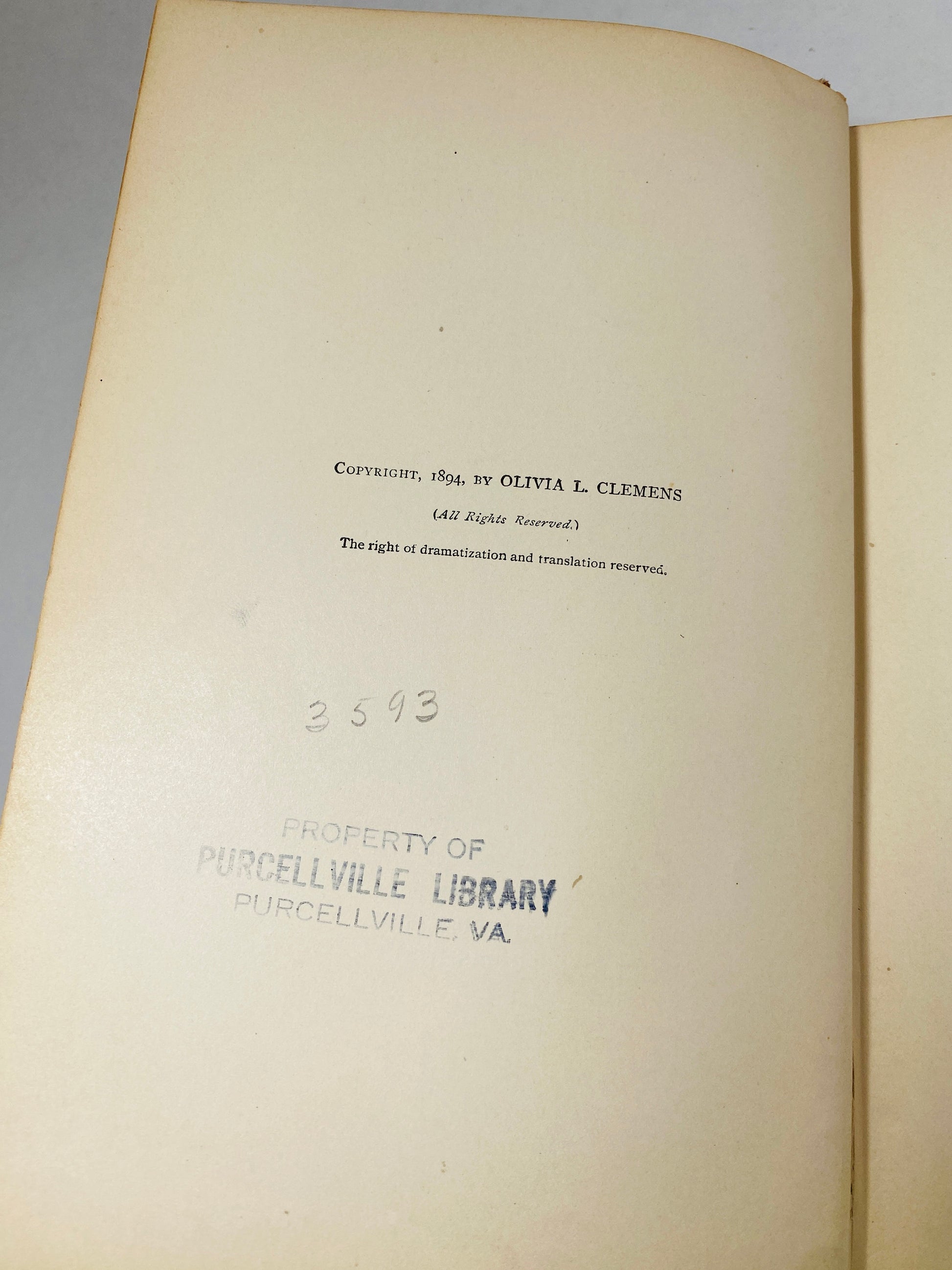 Tragedy of Pudd'nhead FIRST EDITION book by Mark Twain circa 1894 Extraordinary Twins brown embossed gold cover Former Library Book