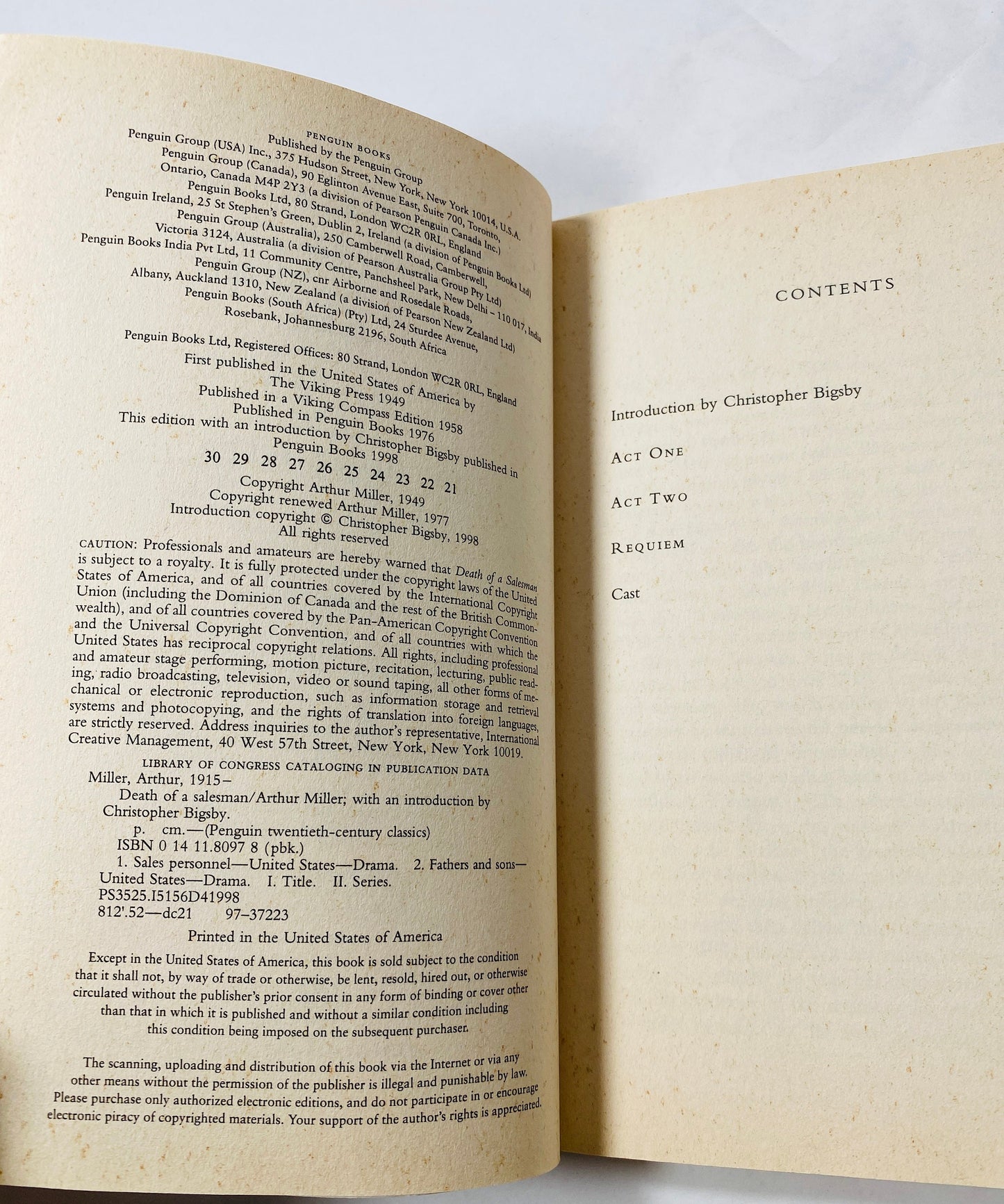 Arthur Miller's Death of a Salesman Vintage Penguin paperback book circa 1998 One of the greatest American plays ever written. Willy Loman