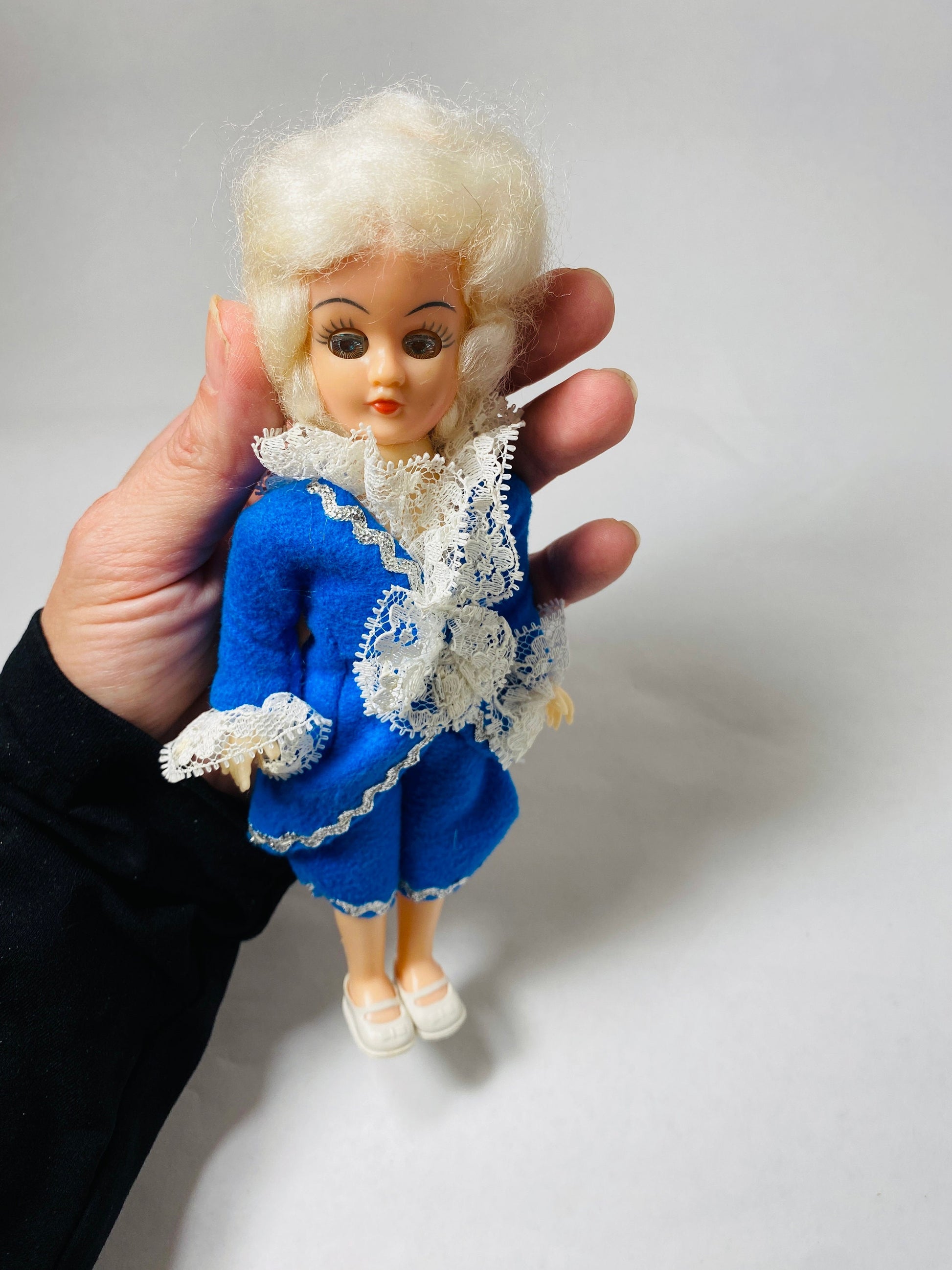 Vintage George Washington Colonial Doll Plastic & Celluloid Christmas stocking stuffer prop staging home decor. 1980s